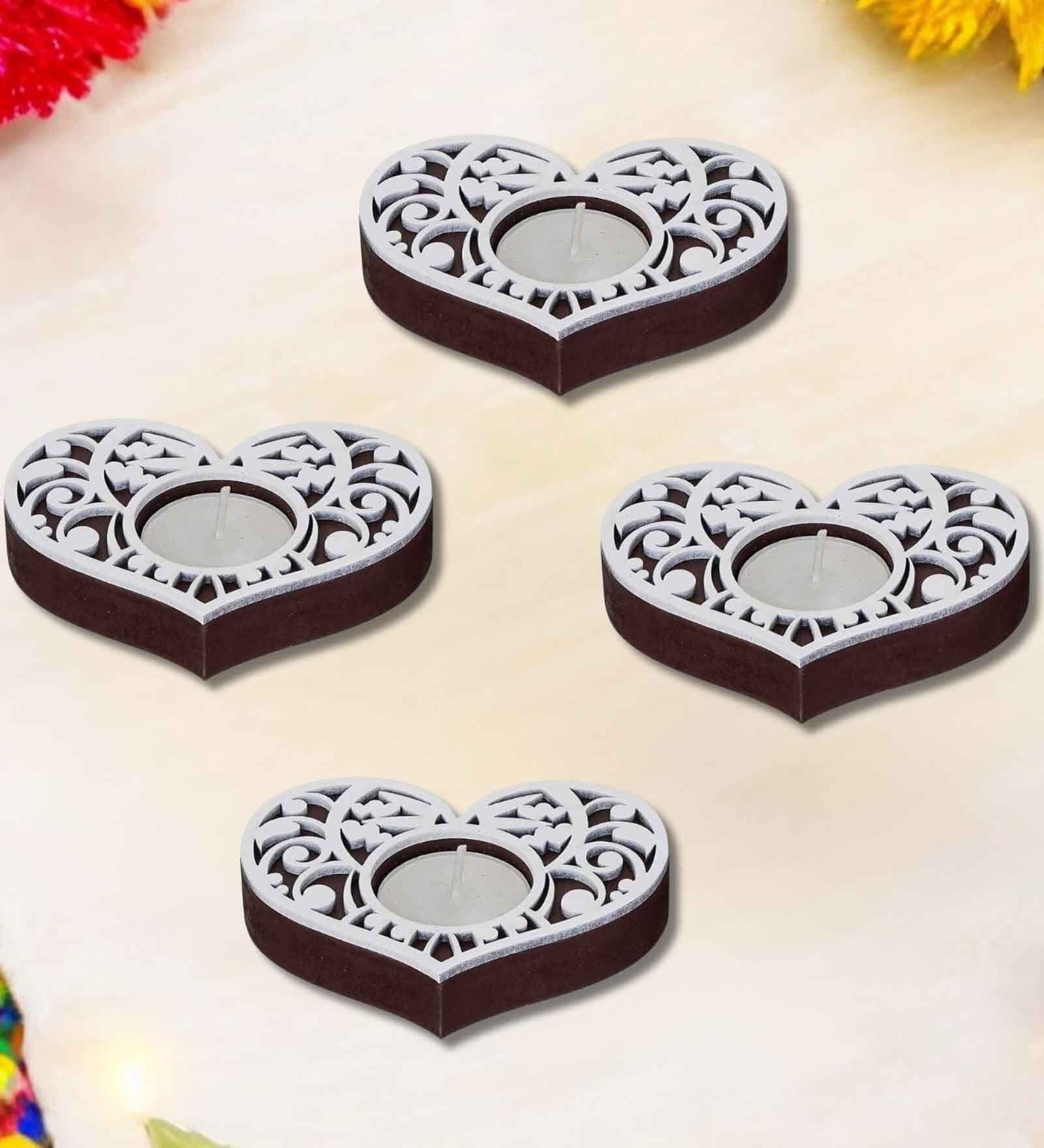 Brown and White Wooden  Tealight Candle Holder (4 Pcs)
