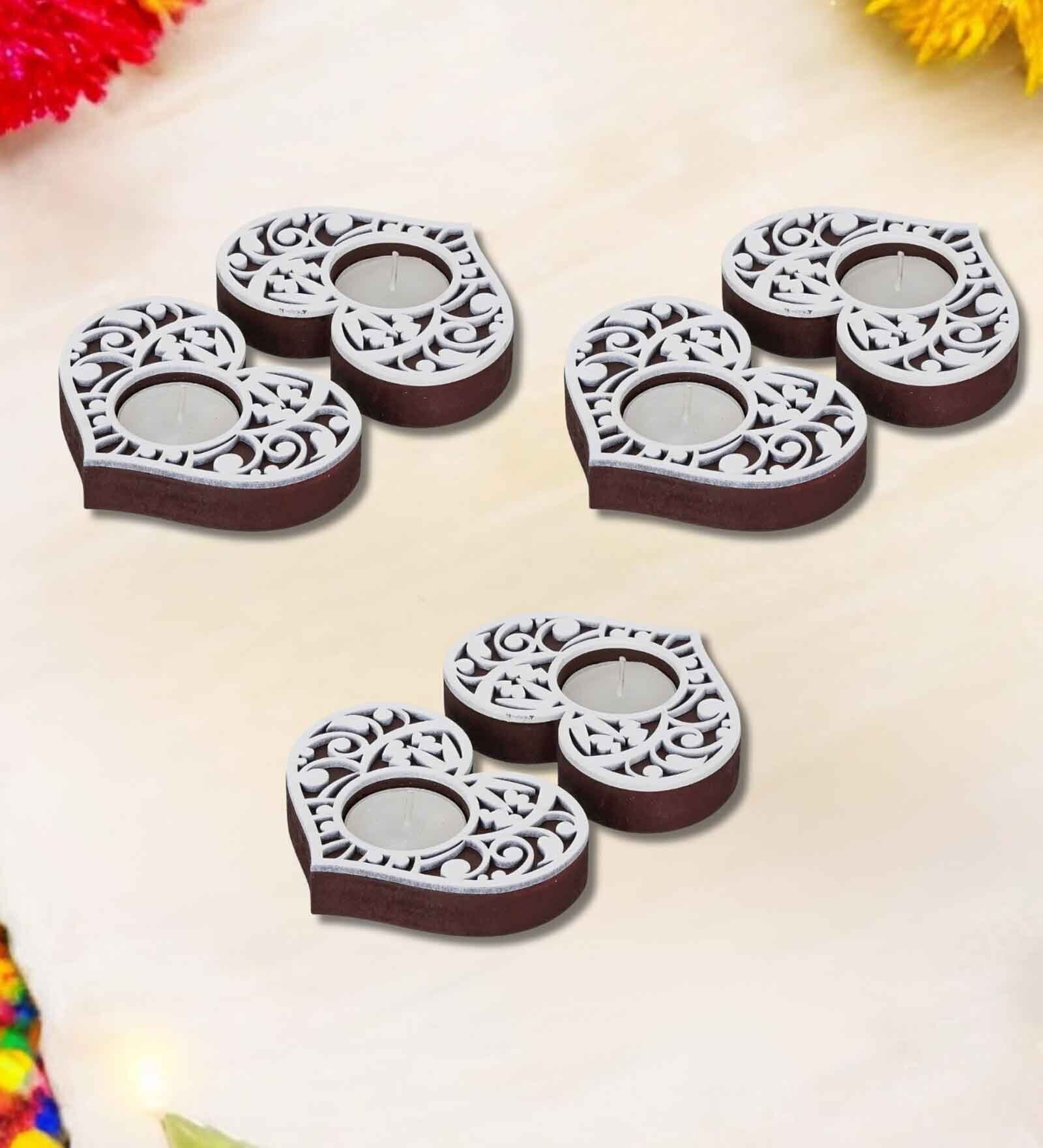 Brown and White Wooden  Tealight Candle Holder (6 Pcs)