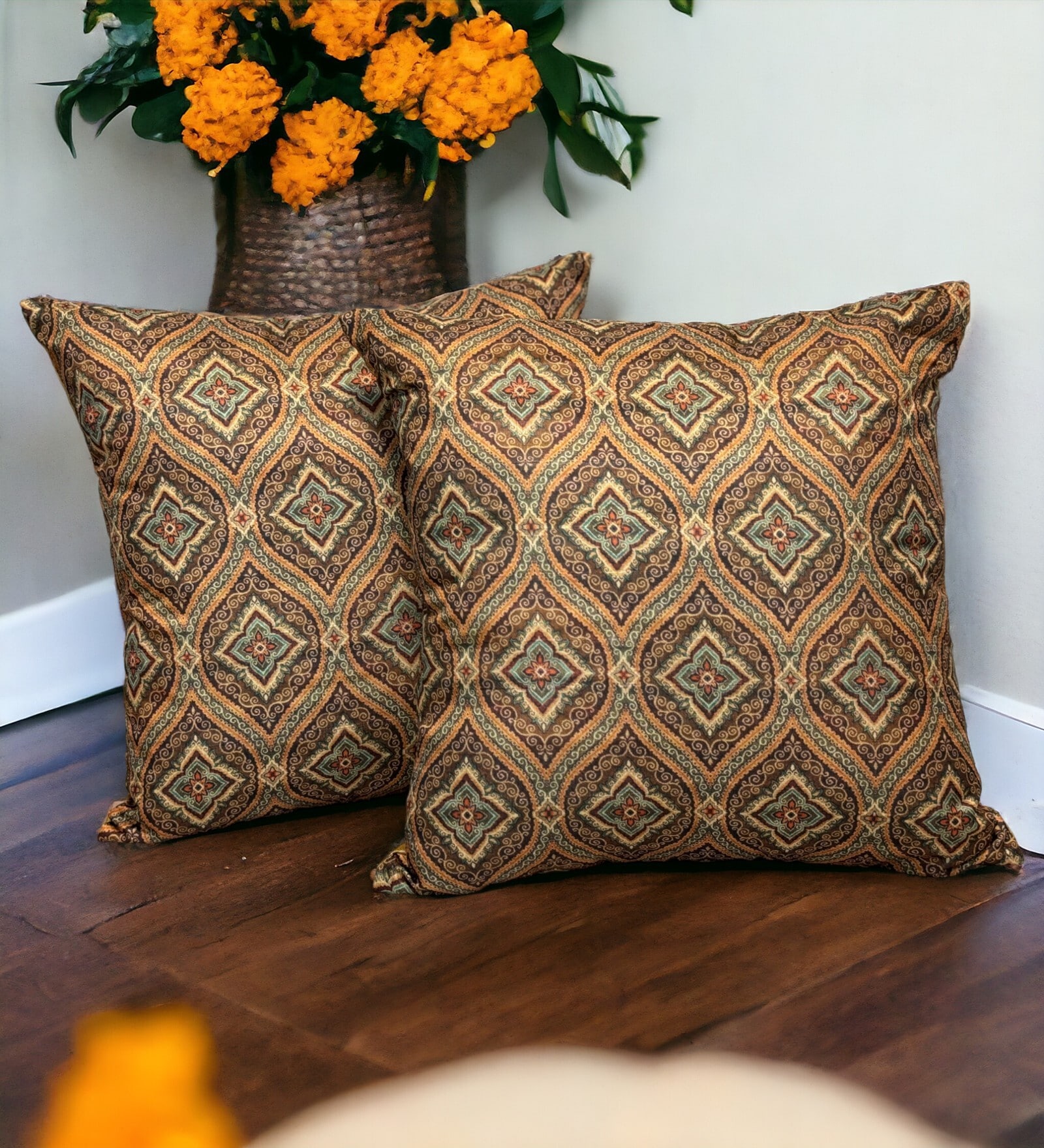 Brown Art Silk Chanderi Textured Floral 16x16 inches Cushion Covers (Set of 2)