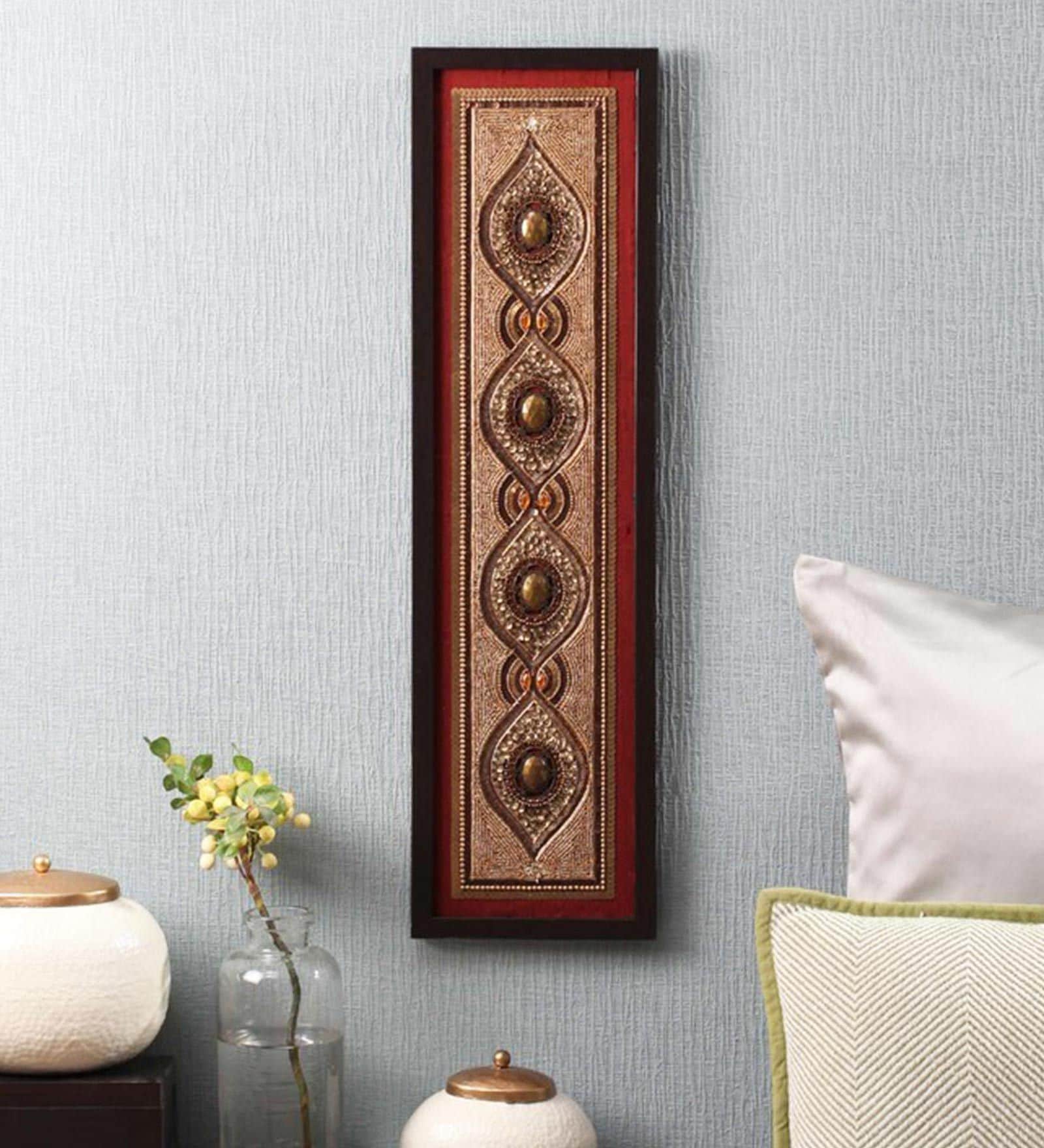 Red & Brown Beads Raw Silk Framed Wall Art