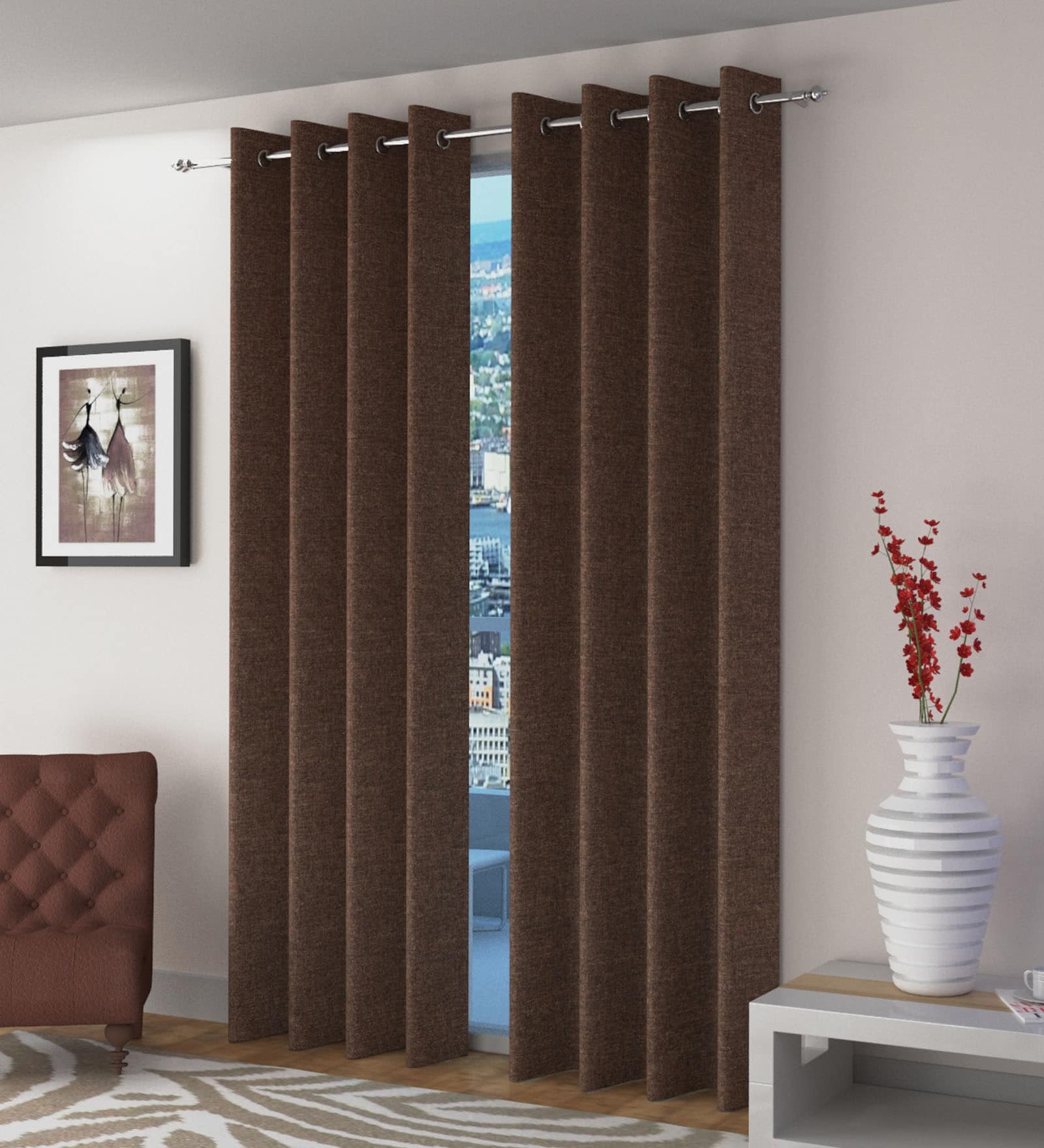 Brown Solid Jute 9 Ft Light Filtering Eyelet Door Curtain