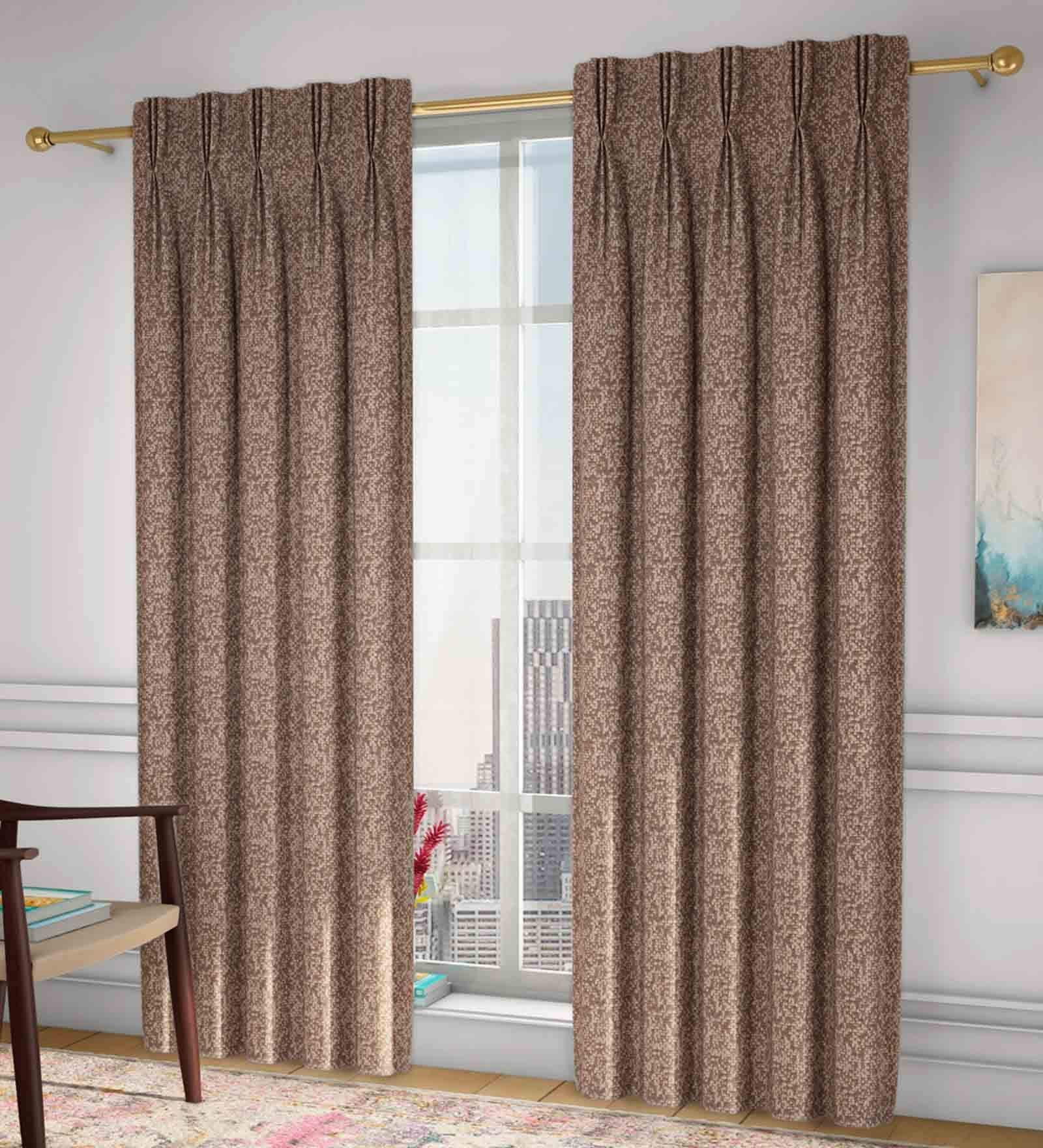 Brown Abstract Poly Cotton 5 Ft Semisheer Pinch Pleat Window Curtains (Set of 2)