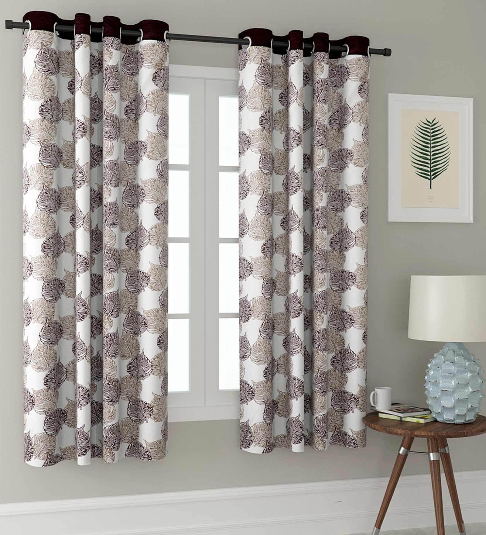 Brown Floral Polyester 5 Ft Semisheer Eyelet Window Curtains (Set of 2)