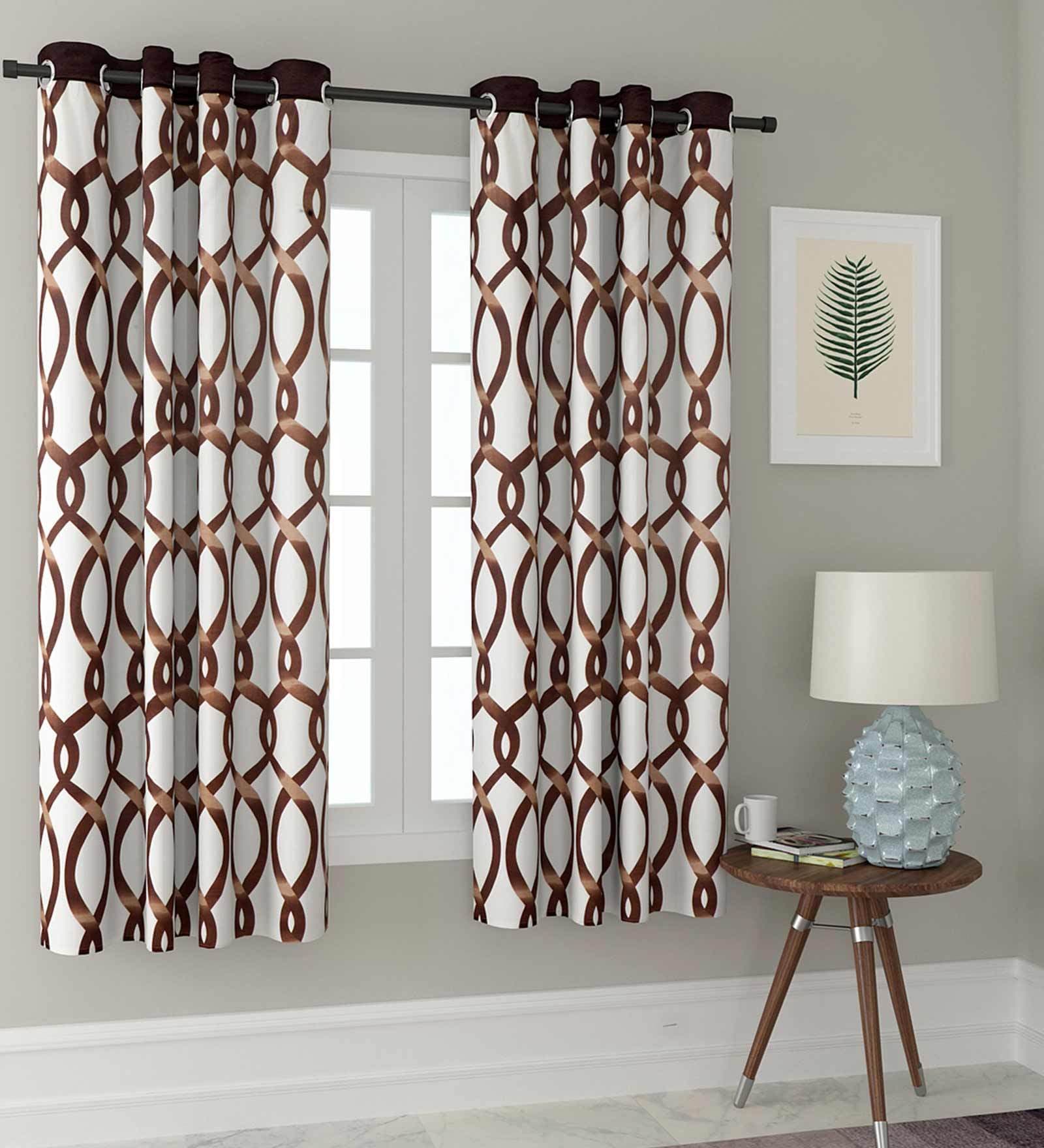 Brown Geometric Polyester 5 Ft Semisheer Eyelet Window Curtains (Set of 2)
