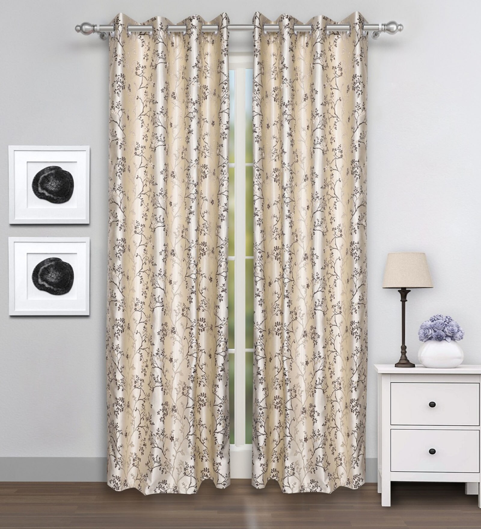 Brown Floral Polyester 7 Ft Blackout Eyelet Door Curtains (Set of 2)