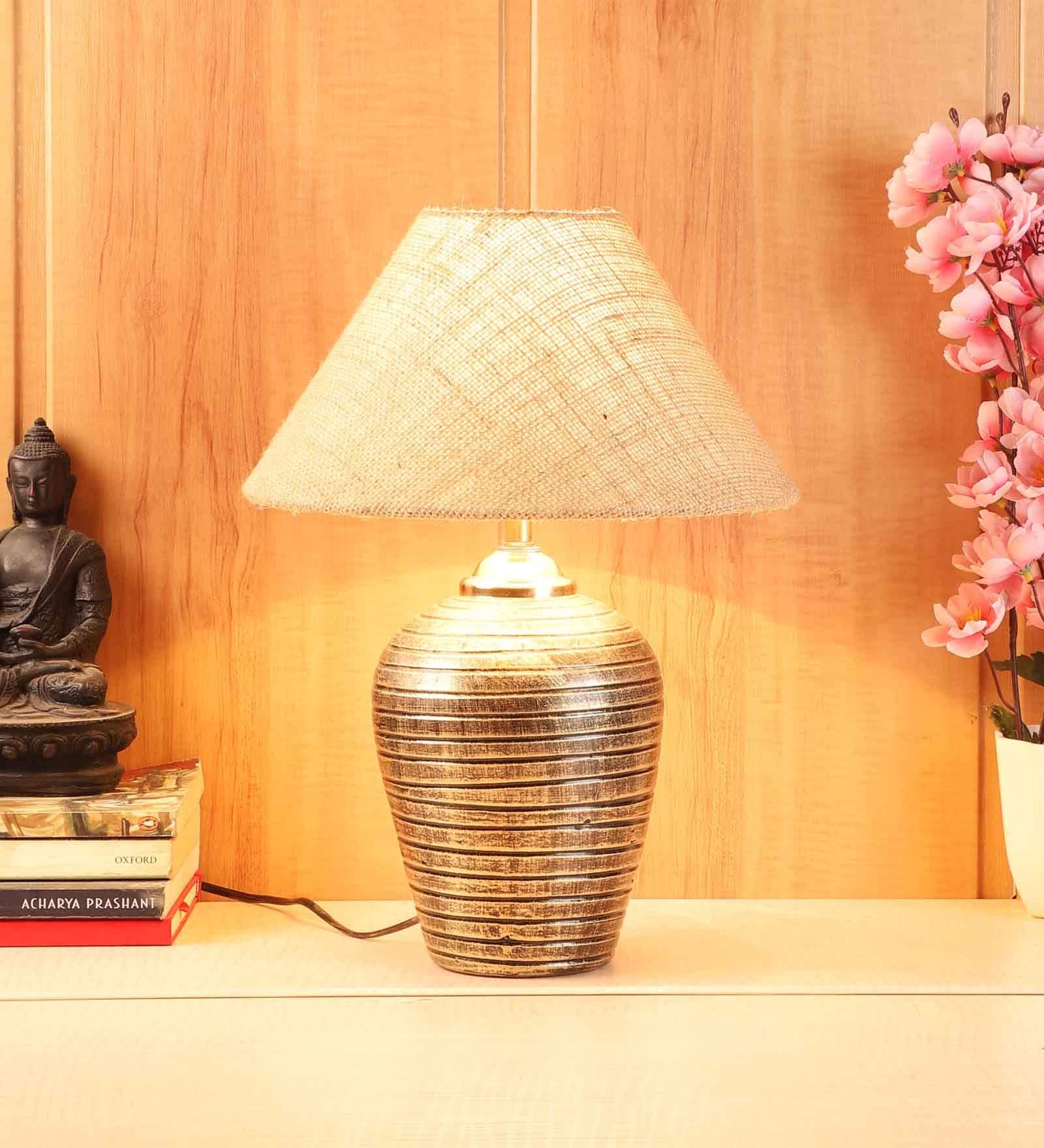Daffodil Brown Blended Fabric Shade Night Lamp With Teracotta Base