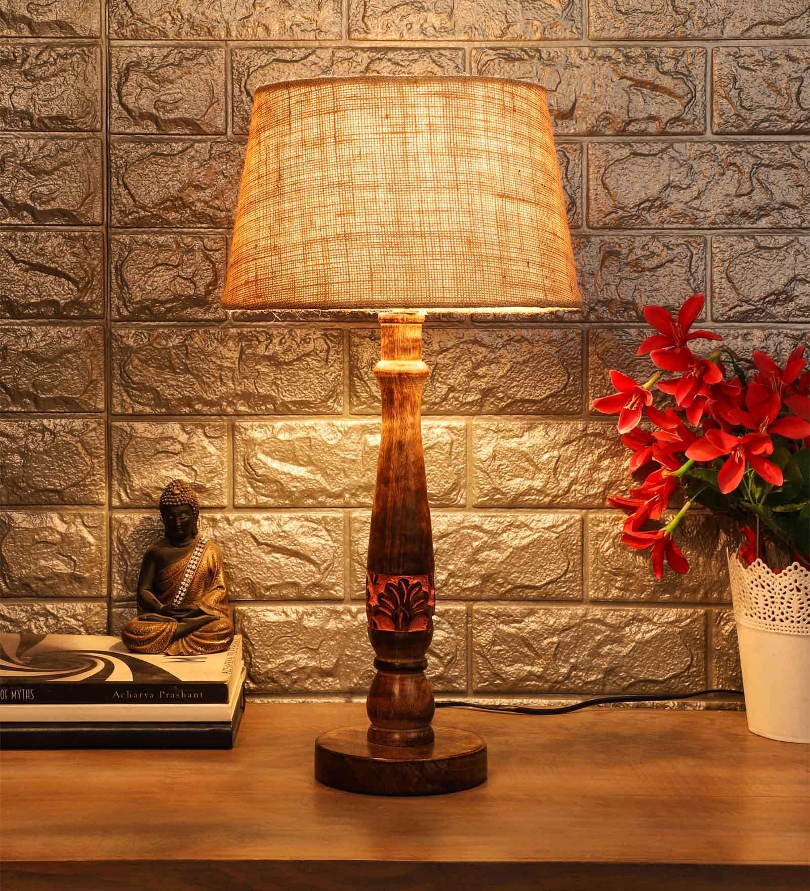 Castries Brown Blended Fabric Shade Night Lamp With Mango wood Base