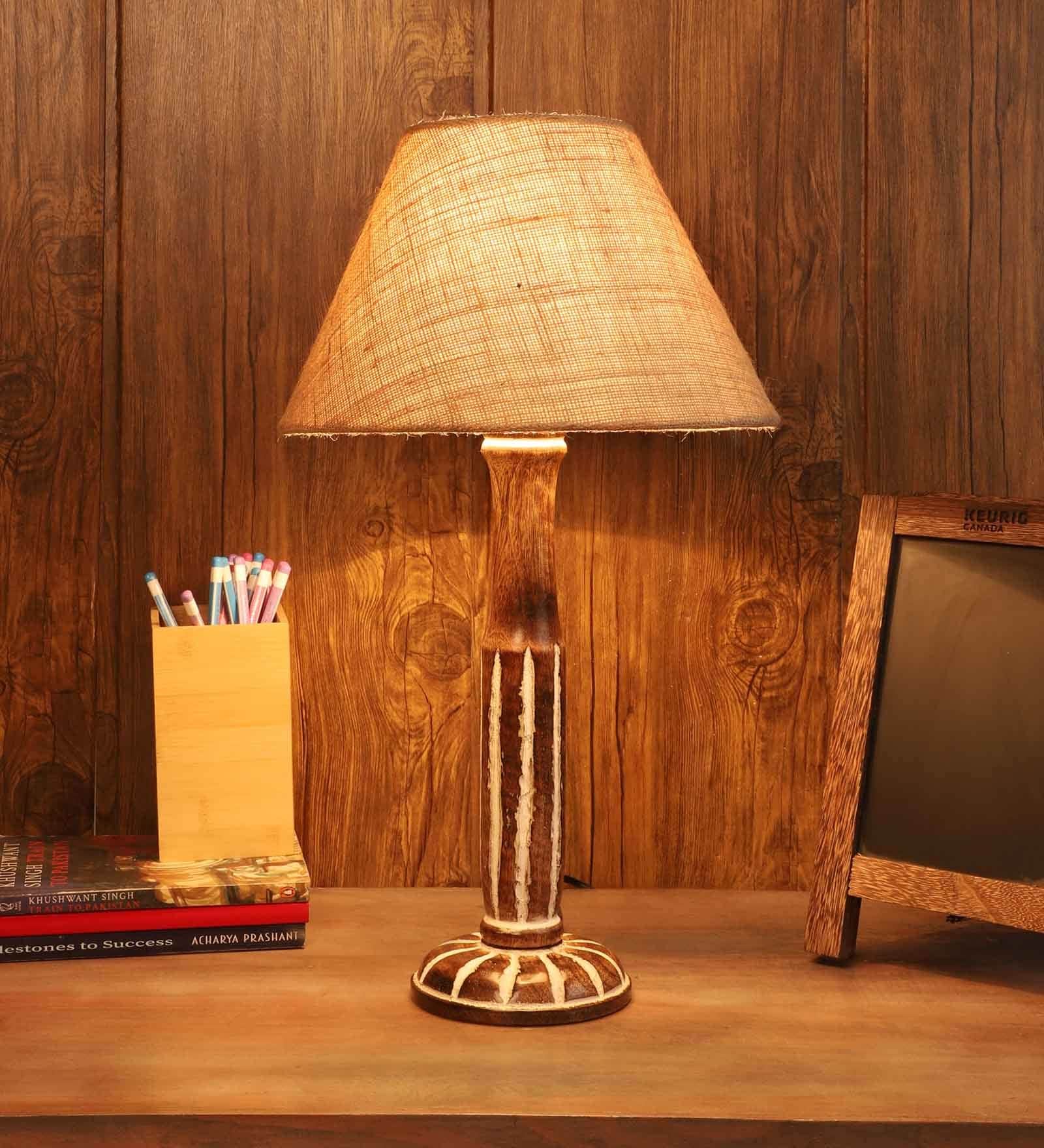 Bristol Brown Blended Fabric Shade Night Lamp With Mango wood Base