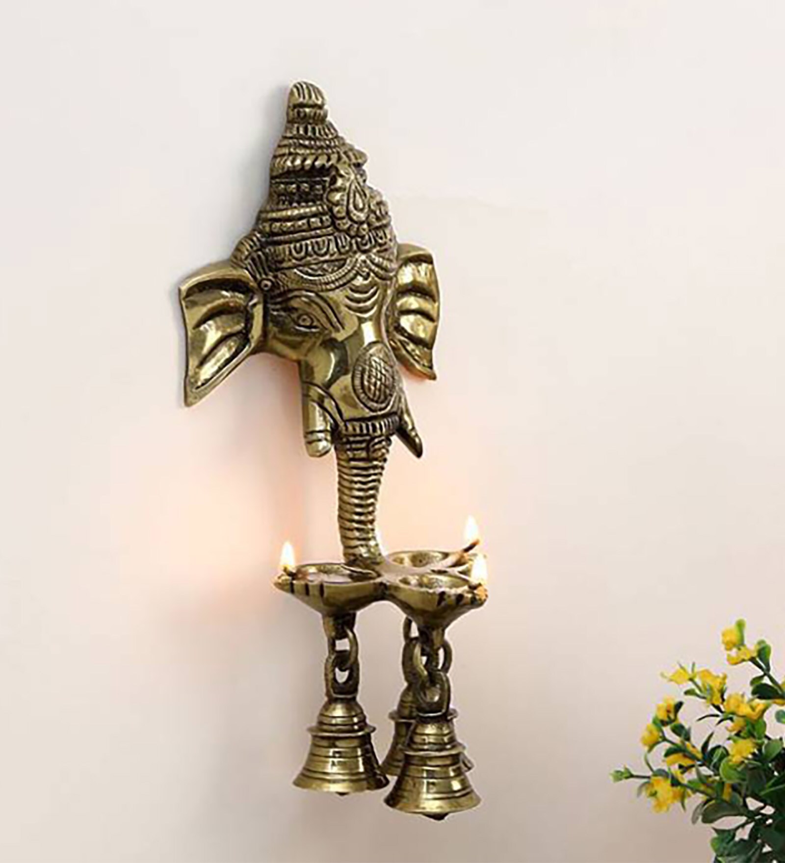 Brown Brass Ganesh Diwali Diyas With Bell Wall Hanging And Artifact