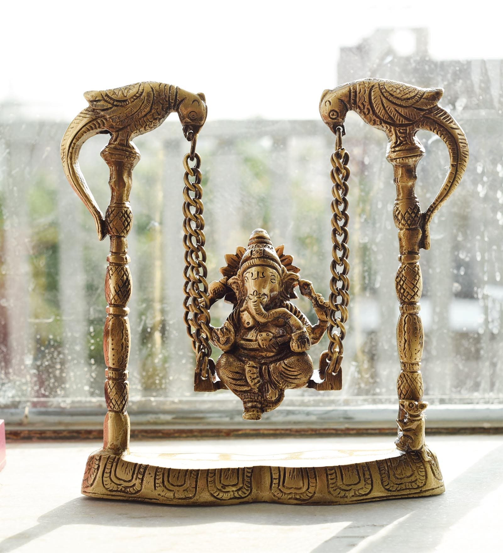 Gold Brass Lord Ganeshs On Peacock Jhoola (Swing)