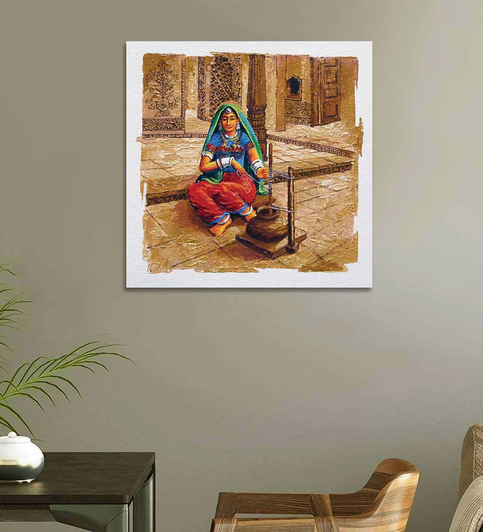 Woman Brown Canvas Teakwood And MDF Framed Art Print