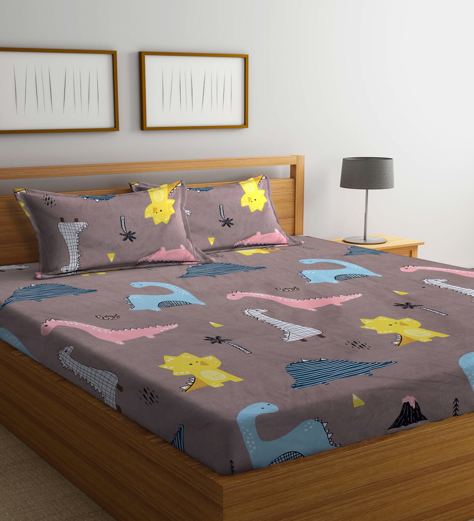 Brown Cartoon Printed 300 TC Cotton Blend Kids Double Bedsheet With 2 Pillow Covers