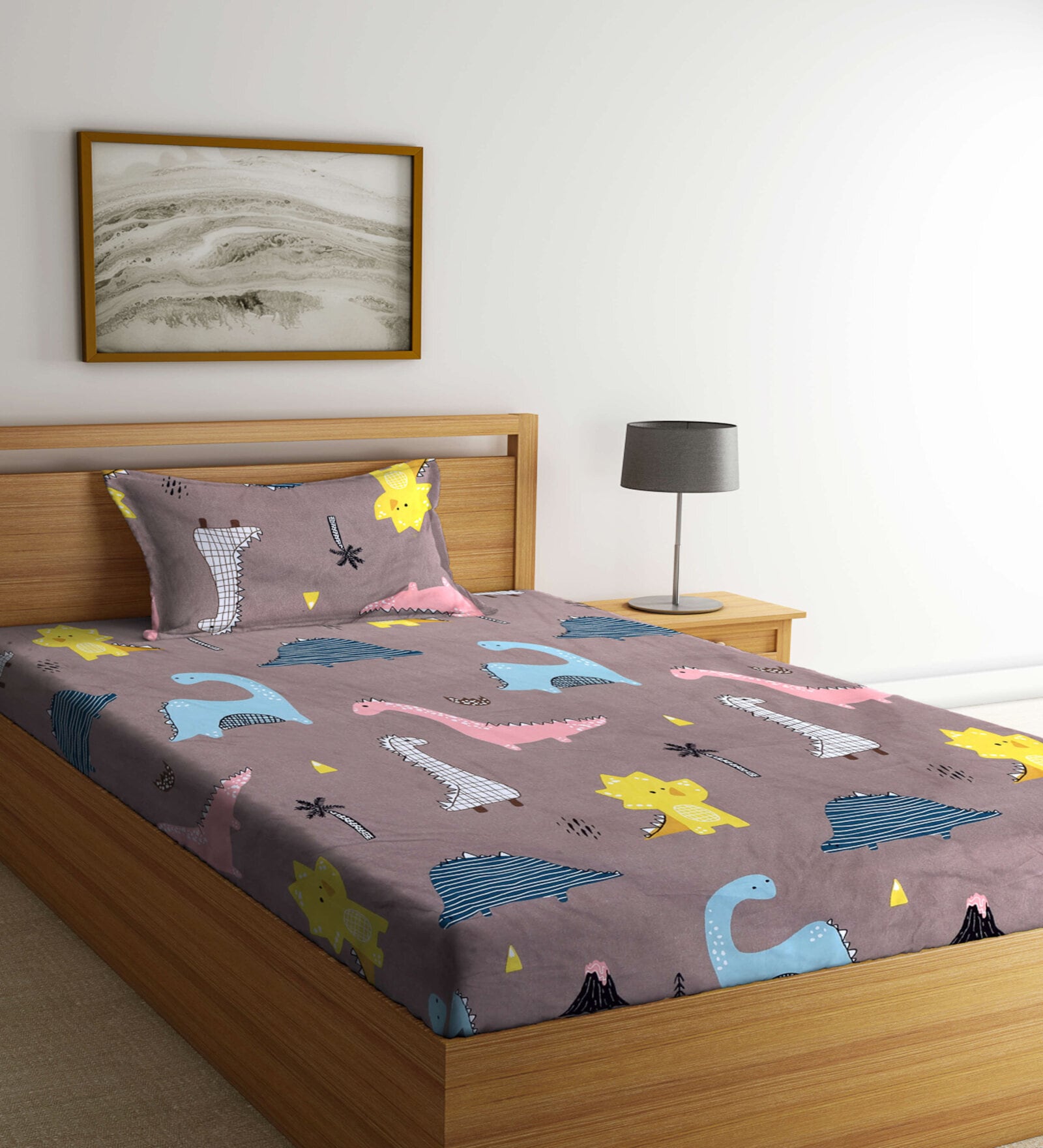 Brown Cartoon Printed 300 TC Cotton Blend Single Bedsheet with 1 Pillow Cover