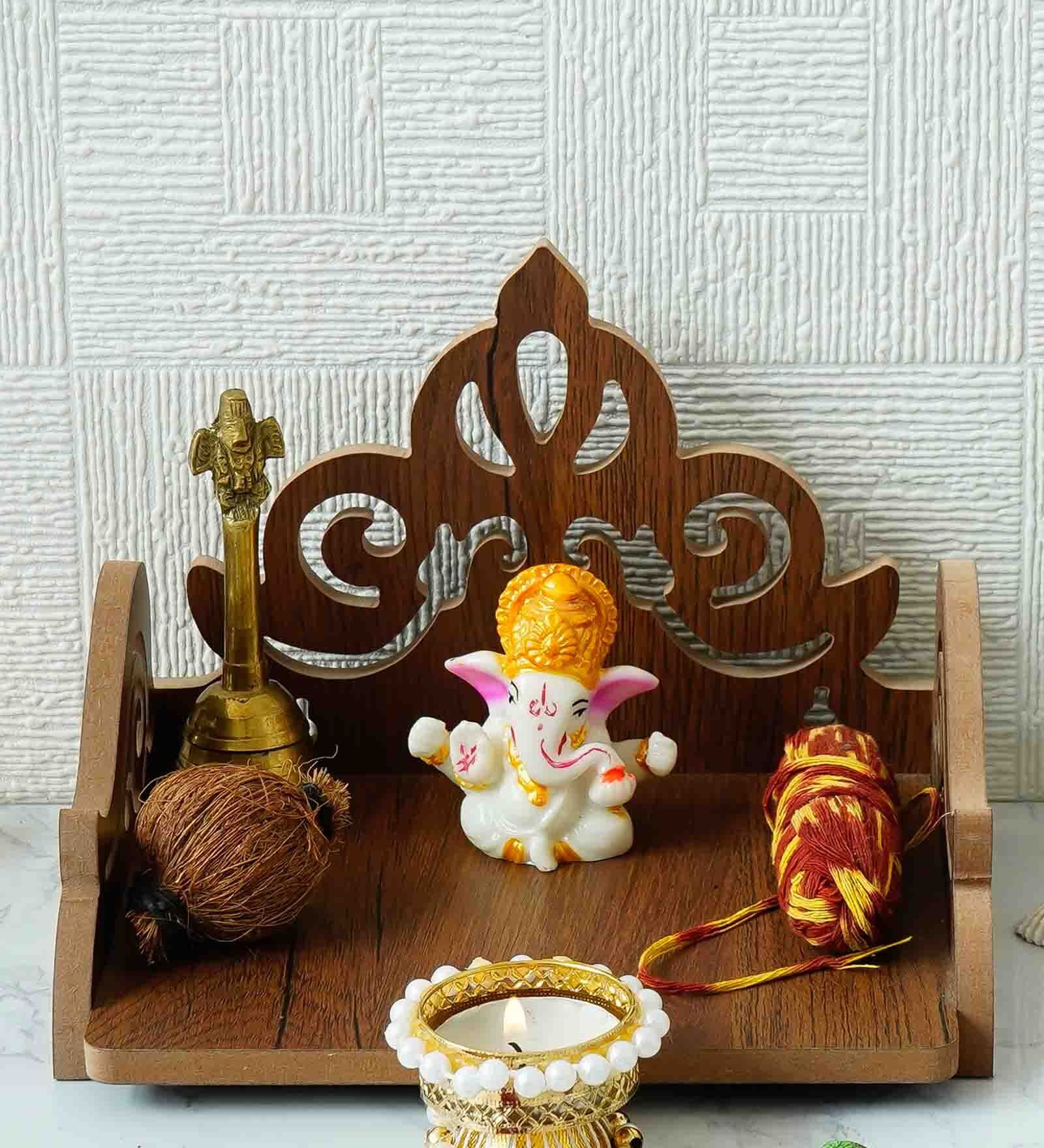 Brown Carved Design Laminated Wood Pooja Shelf