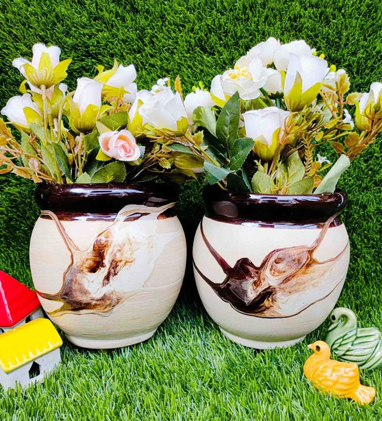 Brown Ceramic Floor Planter, Set of 2