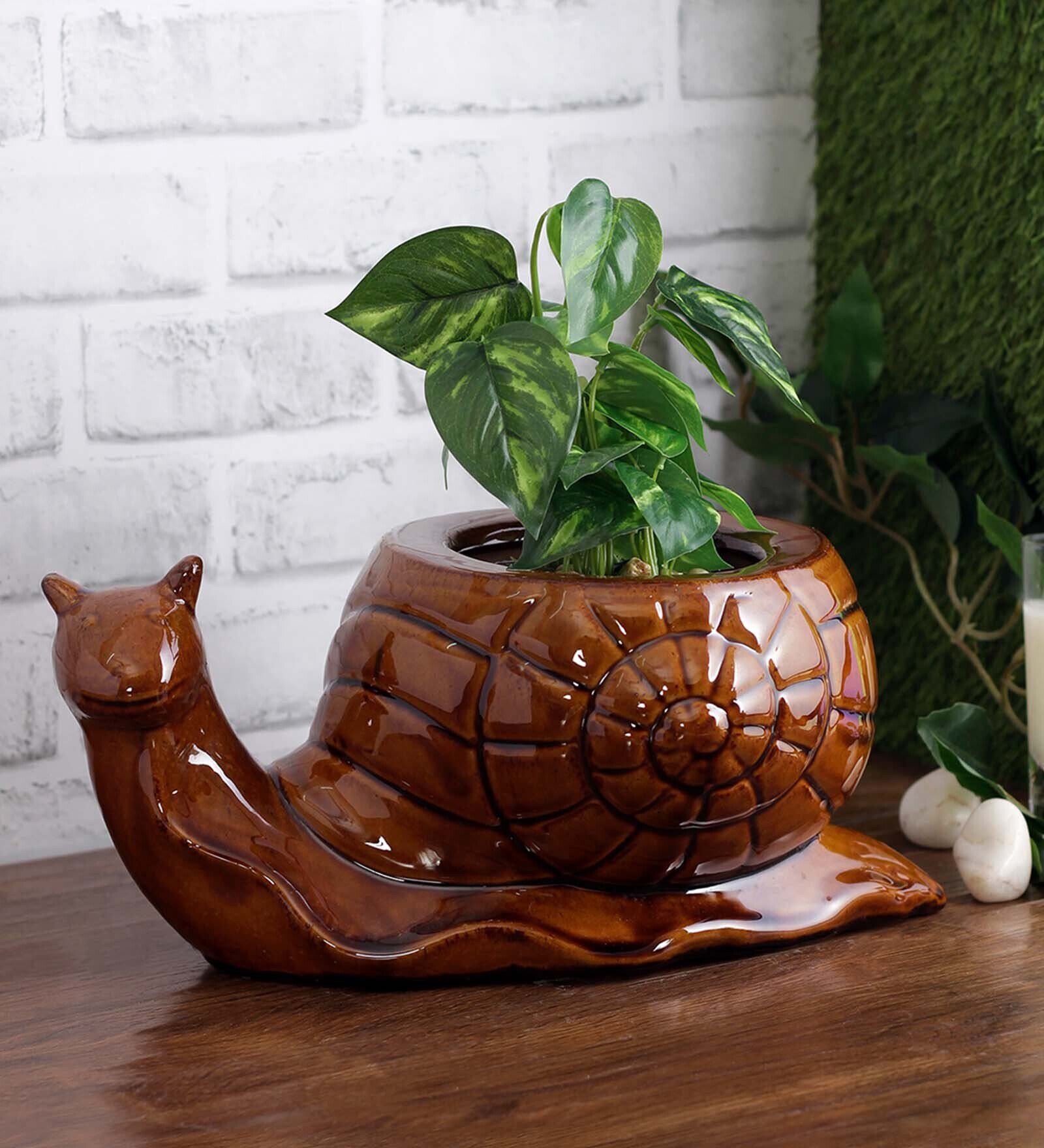 Brown Ceramic Snail Shaped Planter