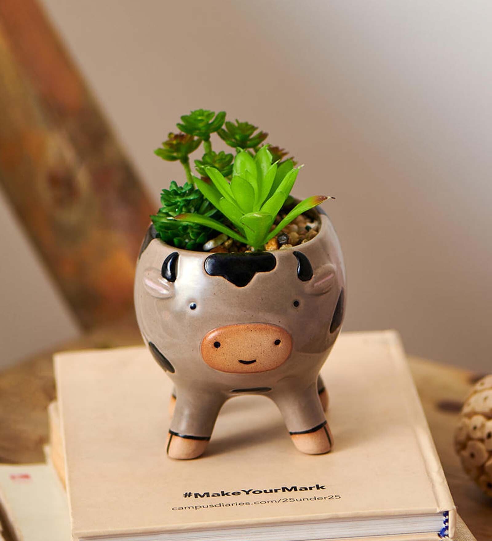 Brown Ceramic Succ-oink-ulants in Bloom Faux Desk Pot Planter