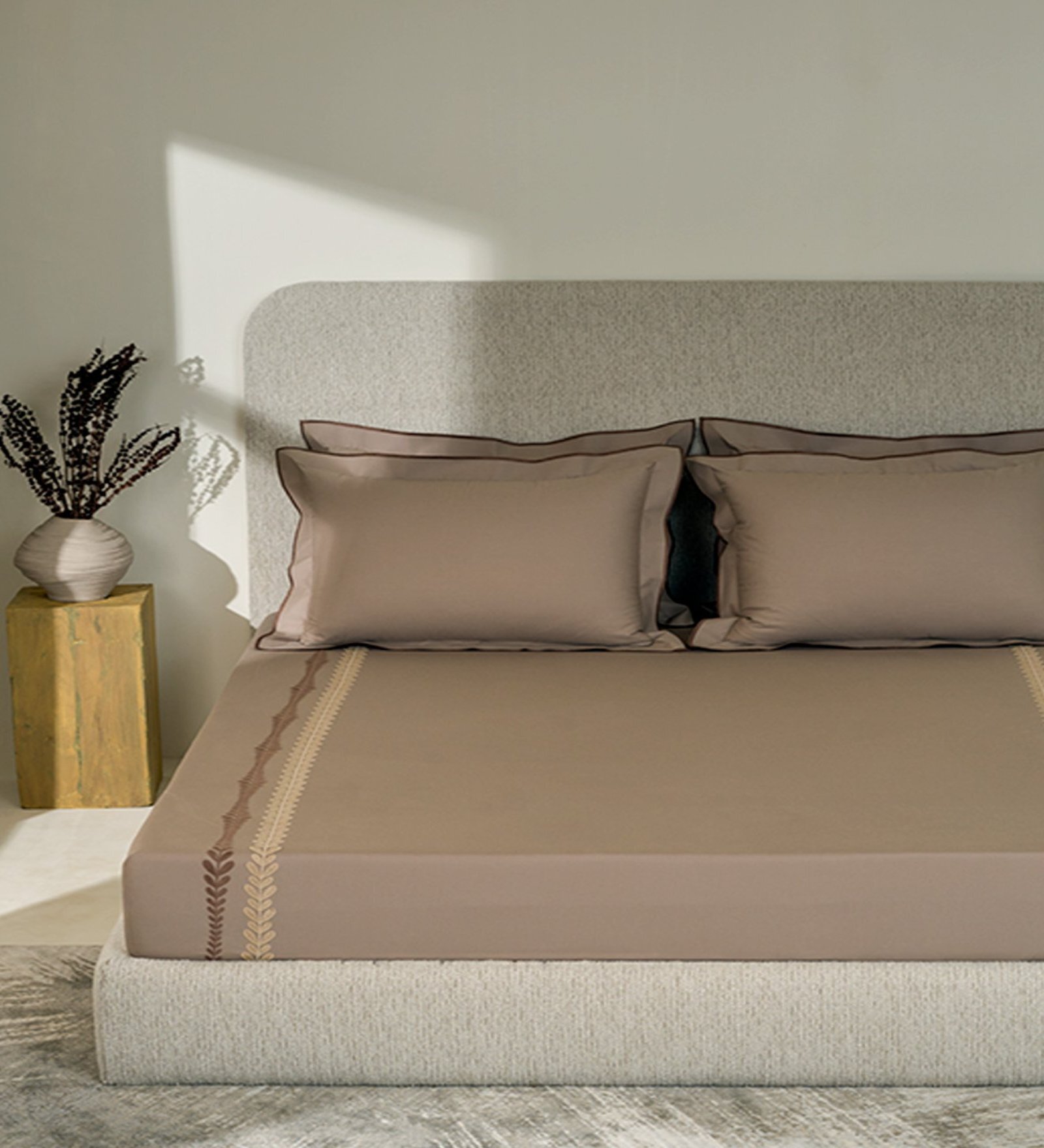 Brown Embroidered 210 TC Cotton King Sized Bedsheet with 2 Pillow Covers