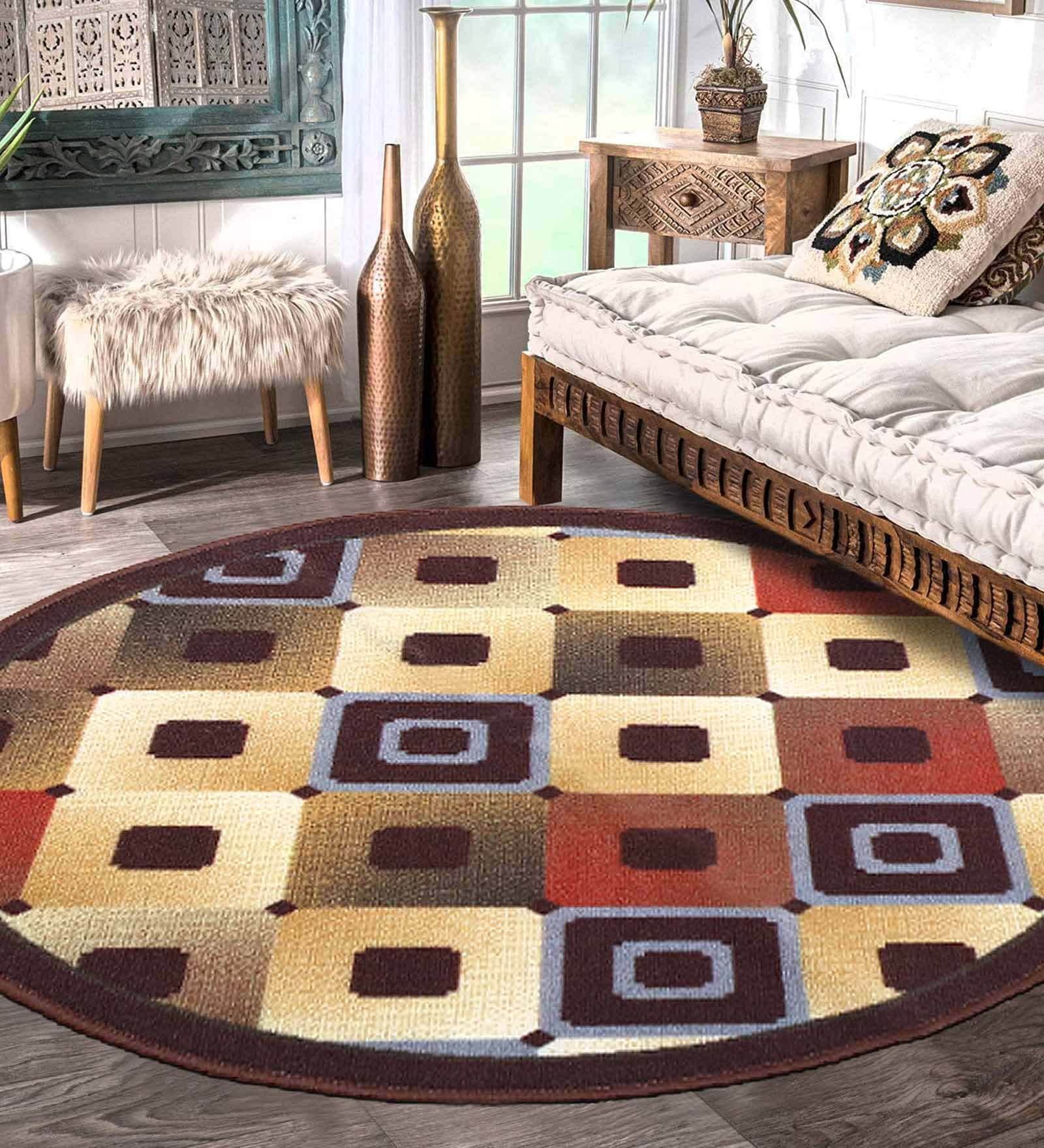 Brown Nylon Checkered 2.5 x 2.5 Feet Machine Made Carpet