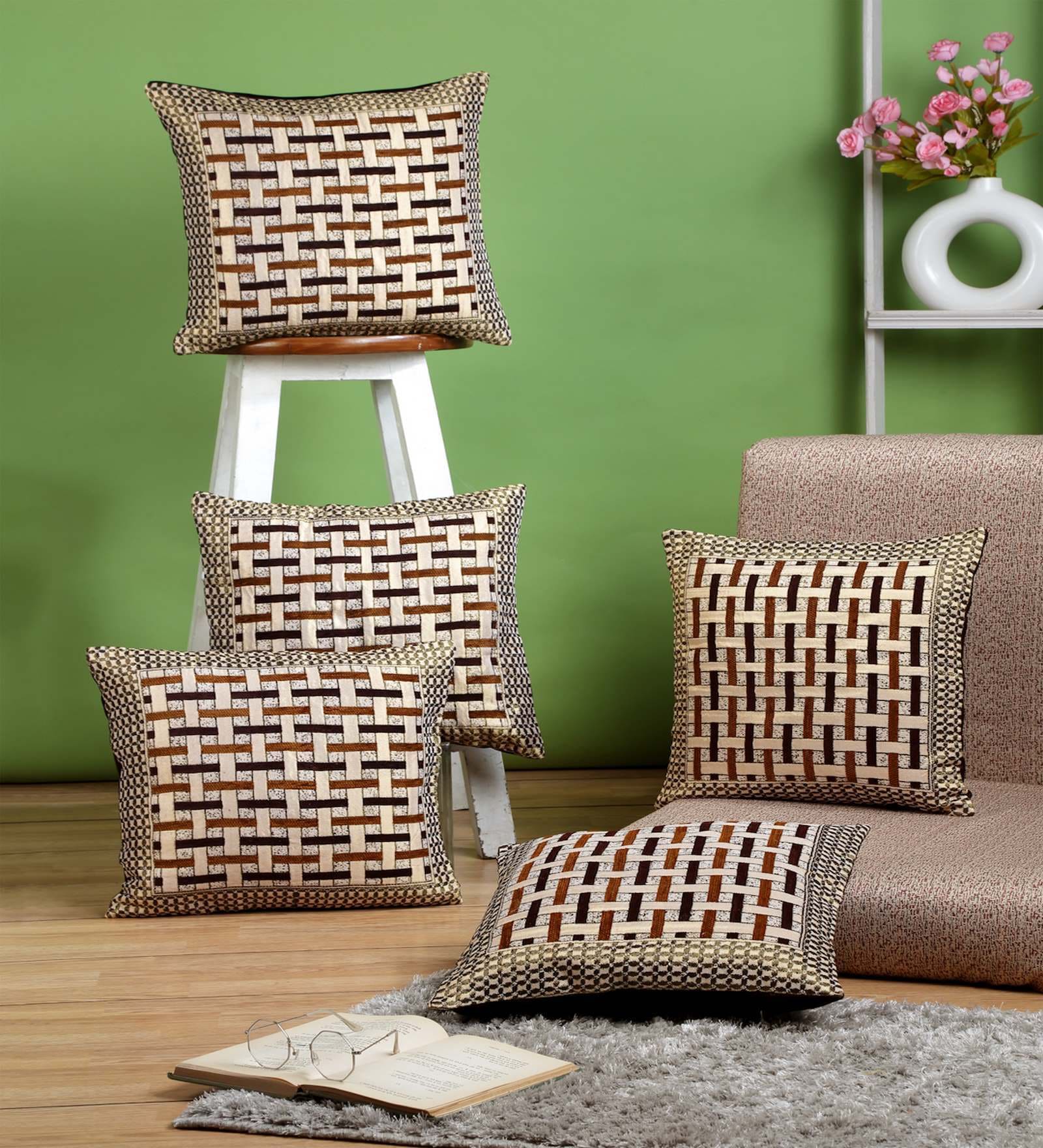 Buy Brown Chenille Geometric Cushions & Pillows Cover (Set of 5) By ...