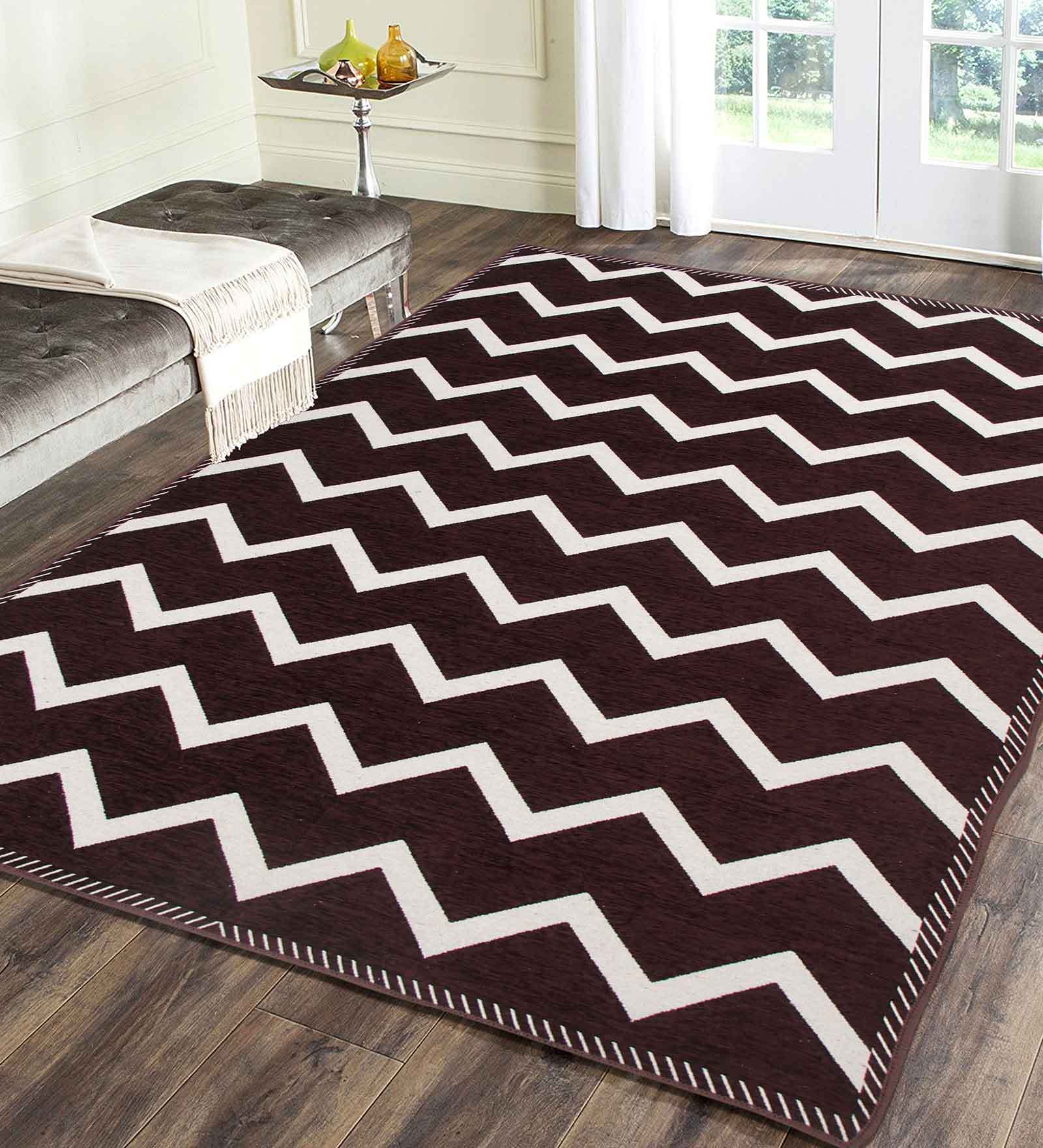 Brown Chenille Geometrical 4 x 6 Feet Machine Made Carpet