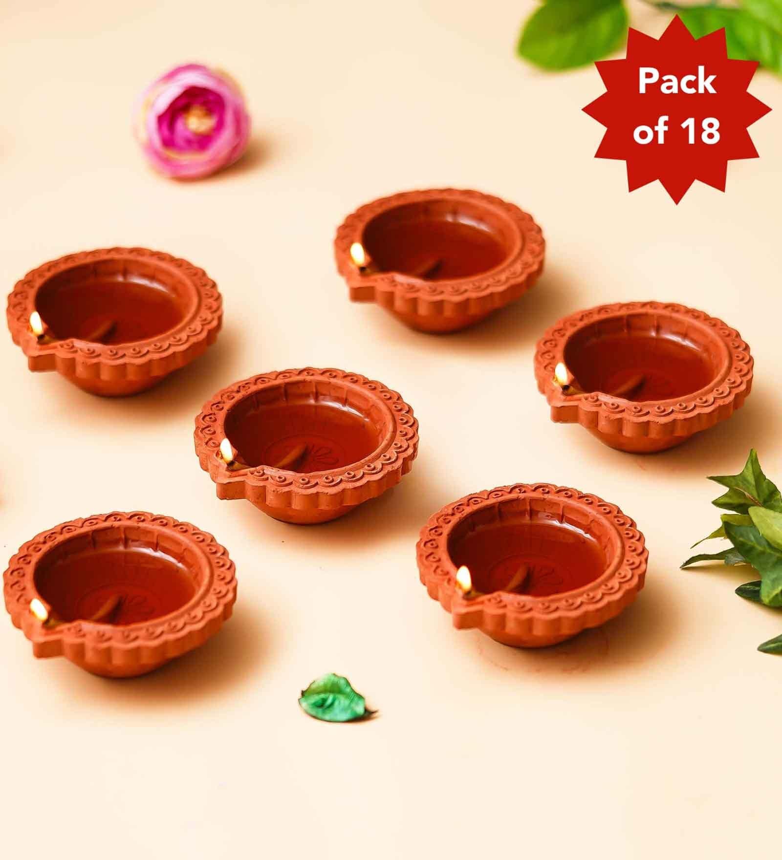 Brown Clay Decorative Clay Diyas Deepam Oil Lamps, Mitti Diya for Diwali (Set of 18)