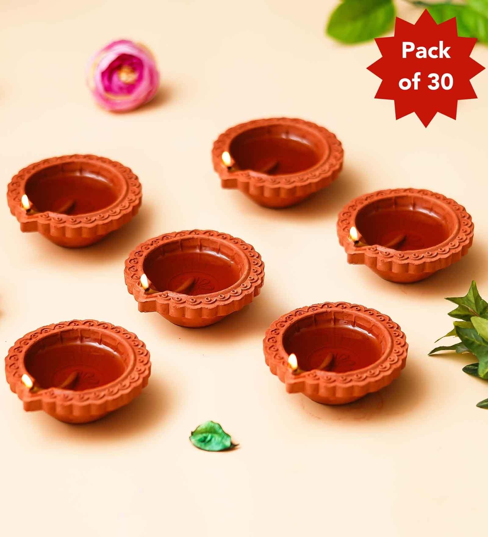 Brown Clay Decorative Clay Diyas Deepam Oil Lamps, Mitti Diya for Diwali (Set of 30)