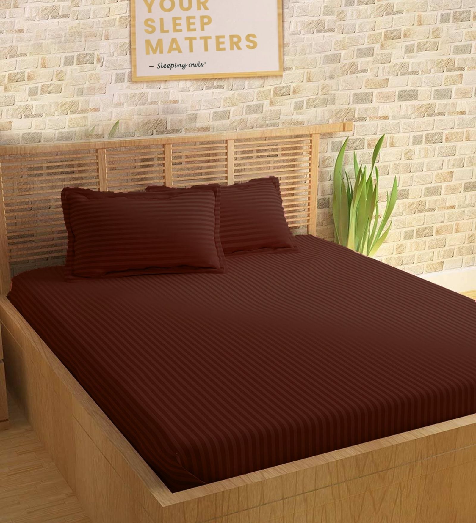 Brown 210TC Cotton stripe 1 Super King Bedsheet with 2 Pillow Covers