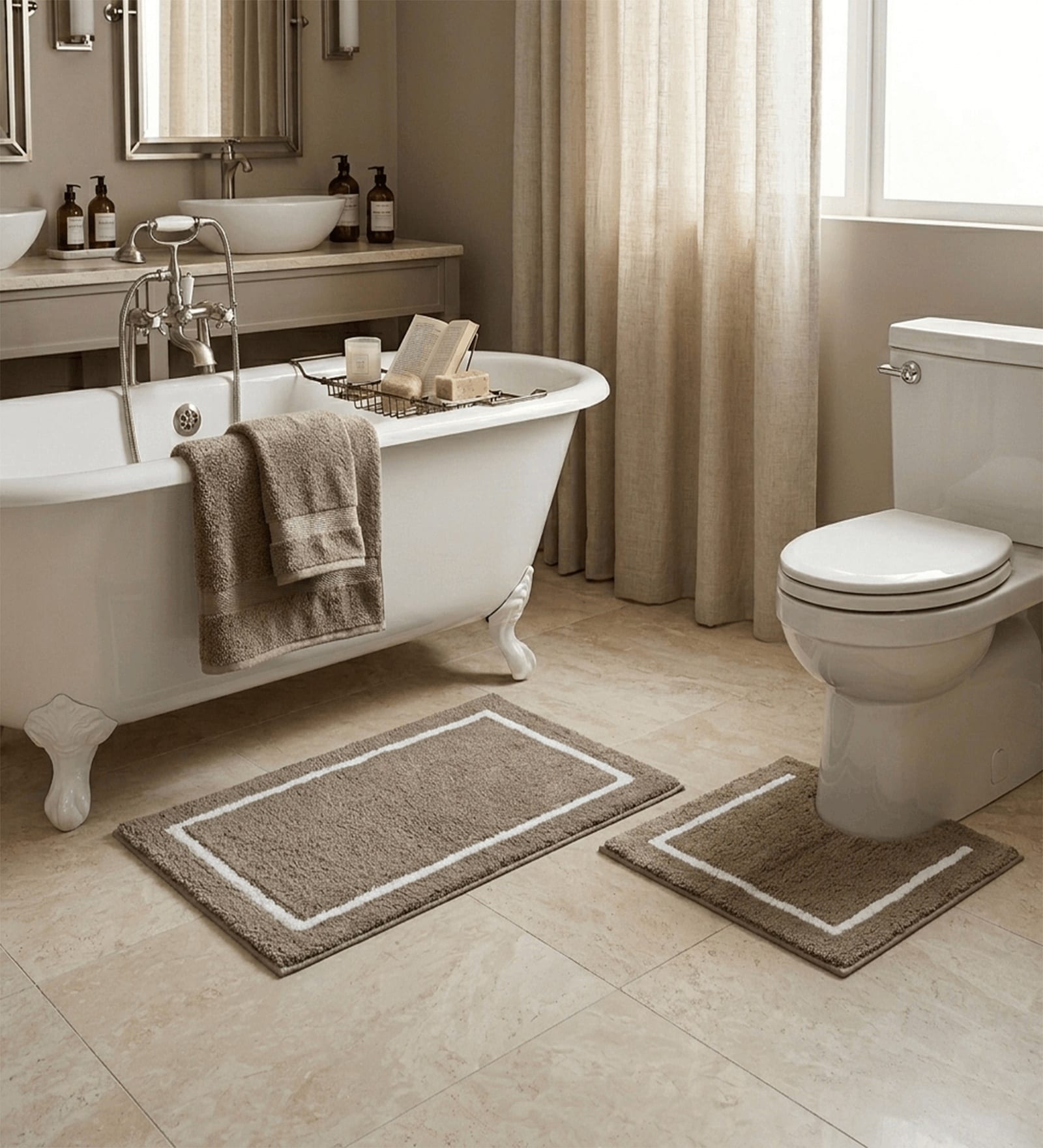 Brown Cotton 20X30 Inches Anti-Skid Bath Mat Set Of 2