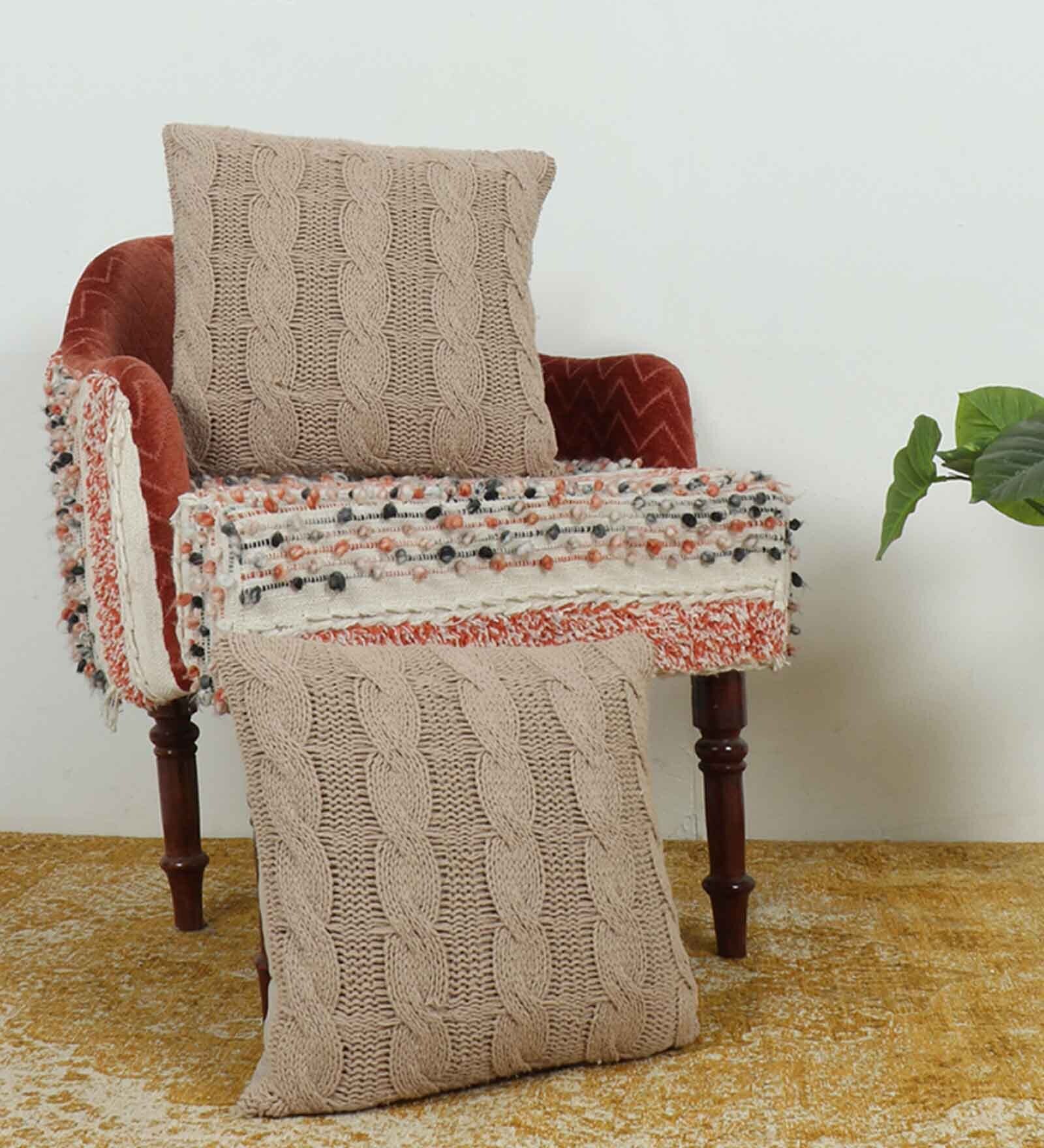 Brown Woven Abstract Cotton 16 x 16 Inches Cushion Covers (Set of 2)