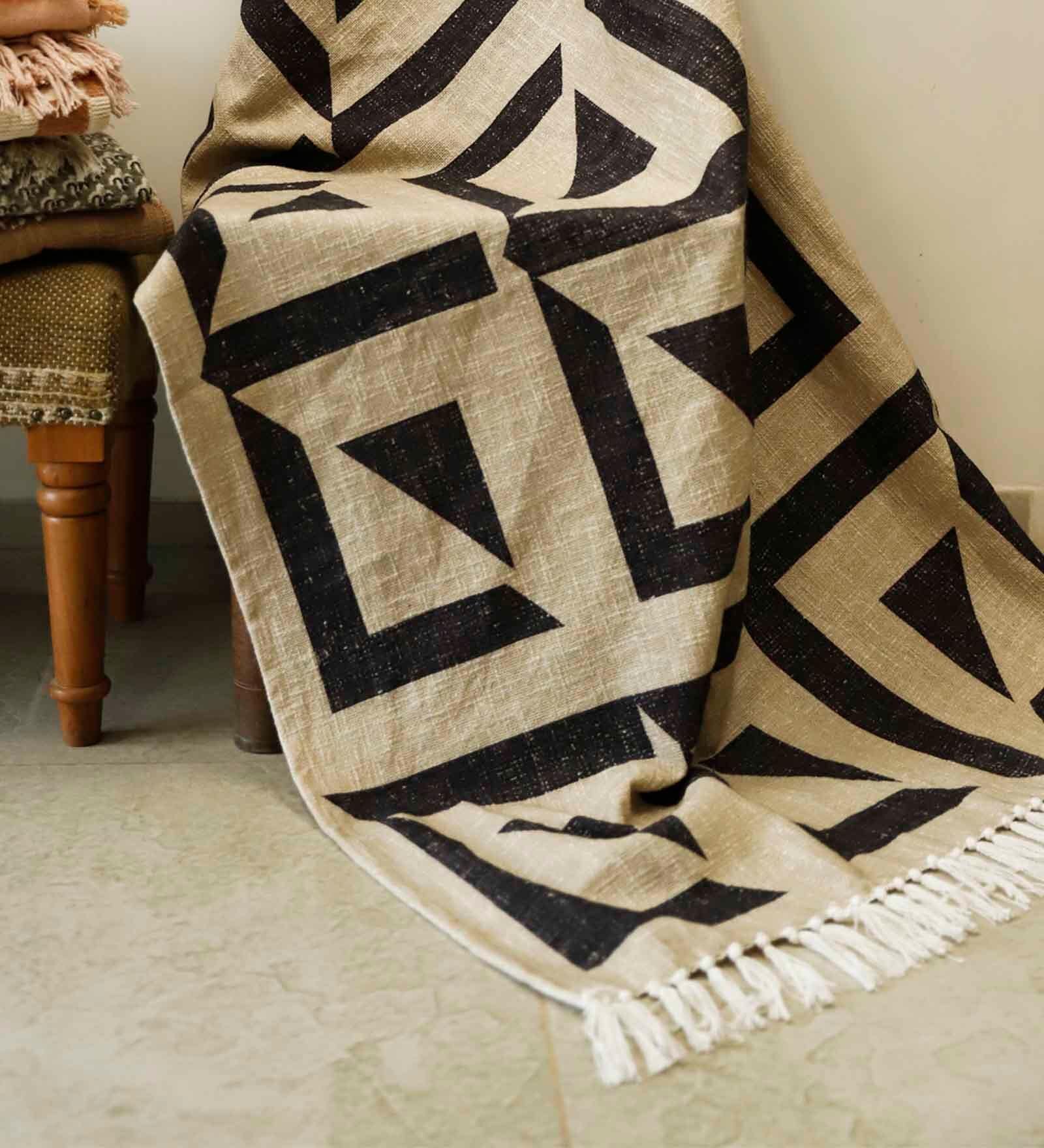 Brown Cotton Geometric 62X48 Inches Throw With Fringes