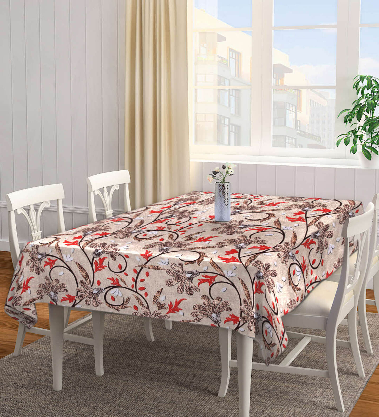 Floral (90x60) Brown & Red Cotton Blend Table Cloth