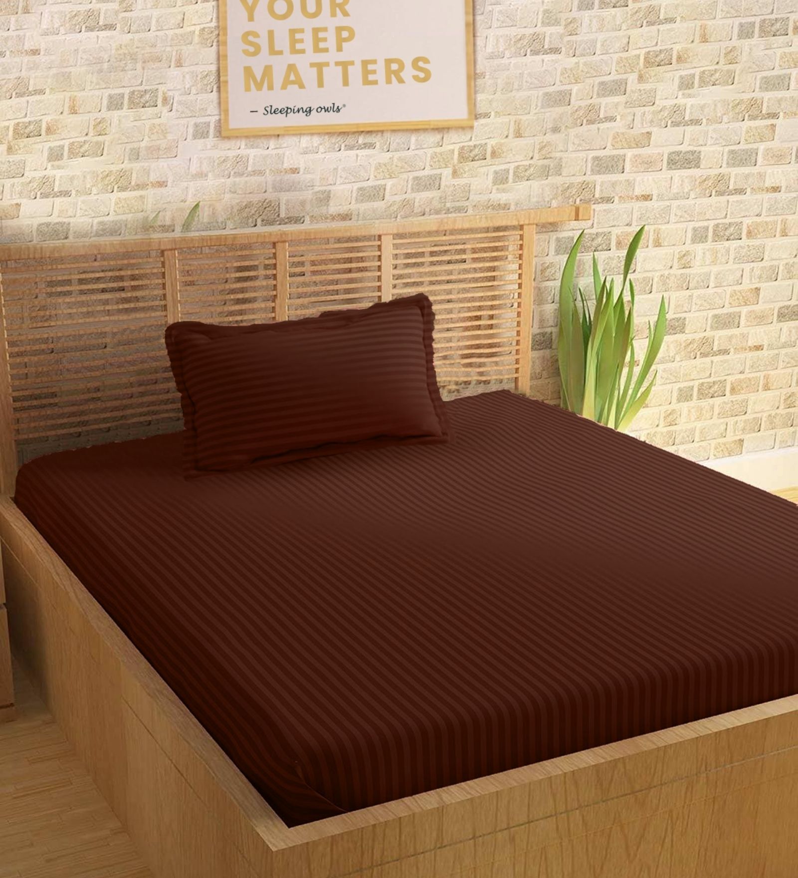 Brown Cotton 210TC Striped Single Bedsheet with 1 Pillow Cover