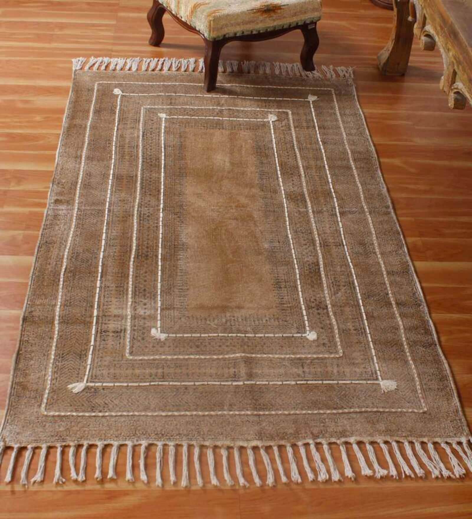 Brown Cotton Geometric 3 x 5 Hand Woven Dhurrie