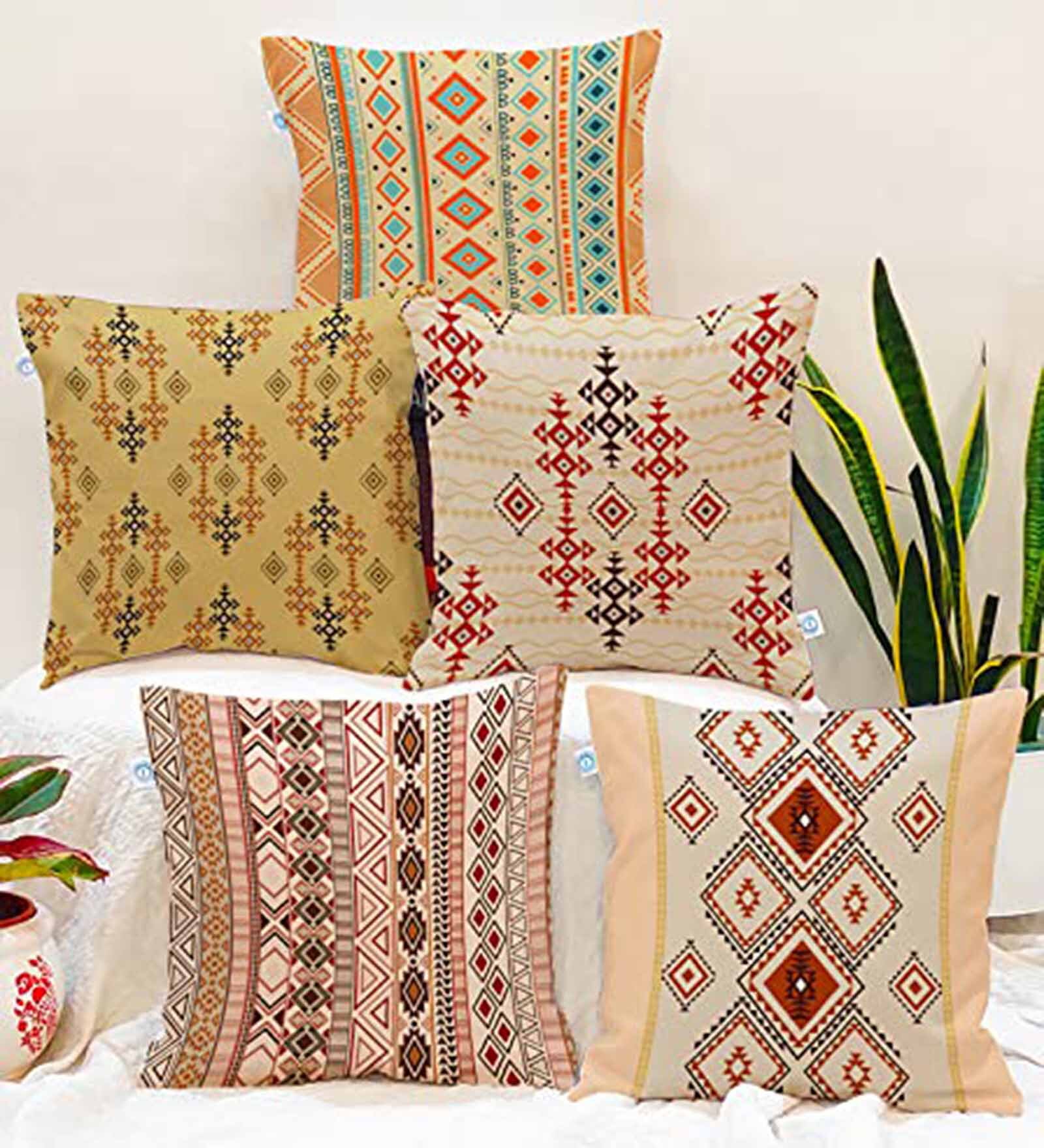Brown Cotton Geometric 16x16 inches Cushion Covers (Pack of 5)
