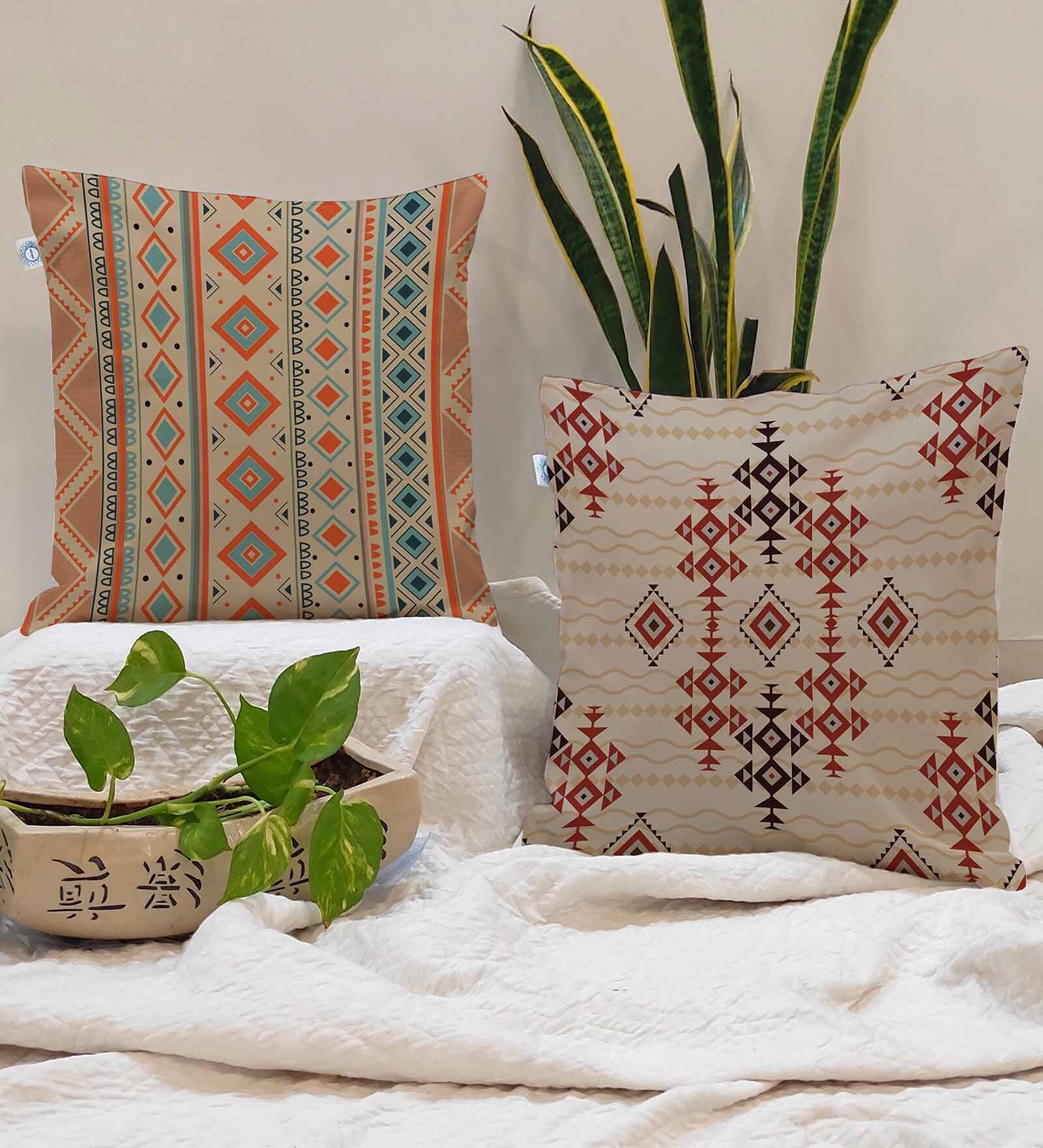 Brown Cotton Geometric 24x24 inches Cushion Covers (Pack of 2)