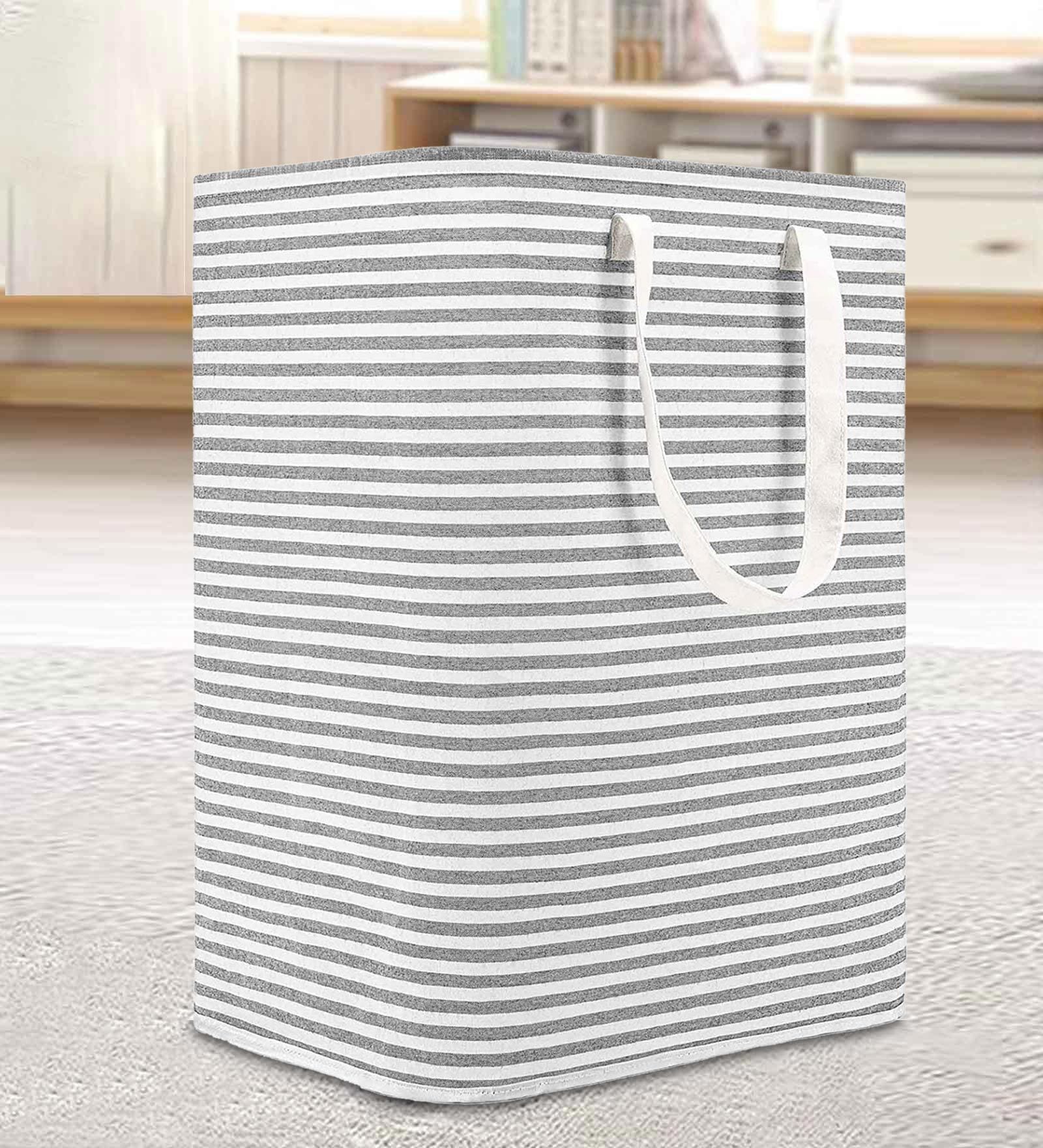 Grey Striped Linen Cotton Foldable 60 Ltr Laundry Basket