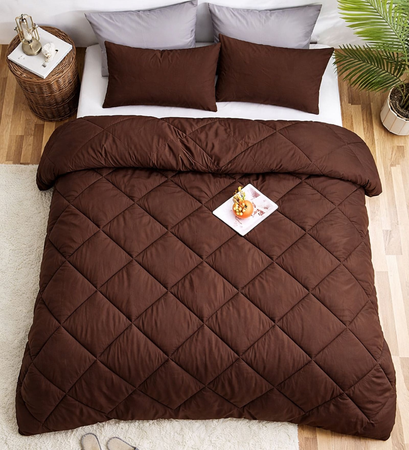Brown Cotton 210TC Solid Plain Heavy Winter Double 400GSM Bedding Set 1 Comforter 1 Bedsheet 2 Pillow Covers