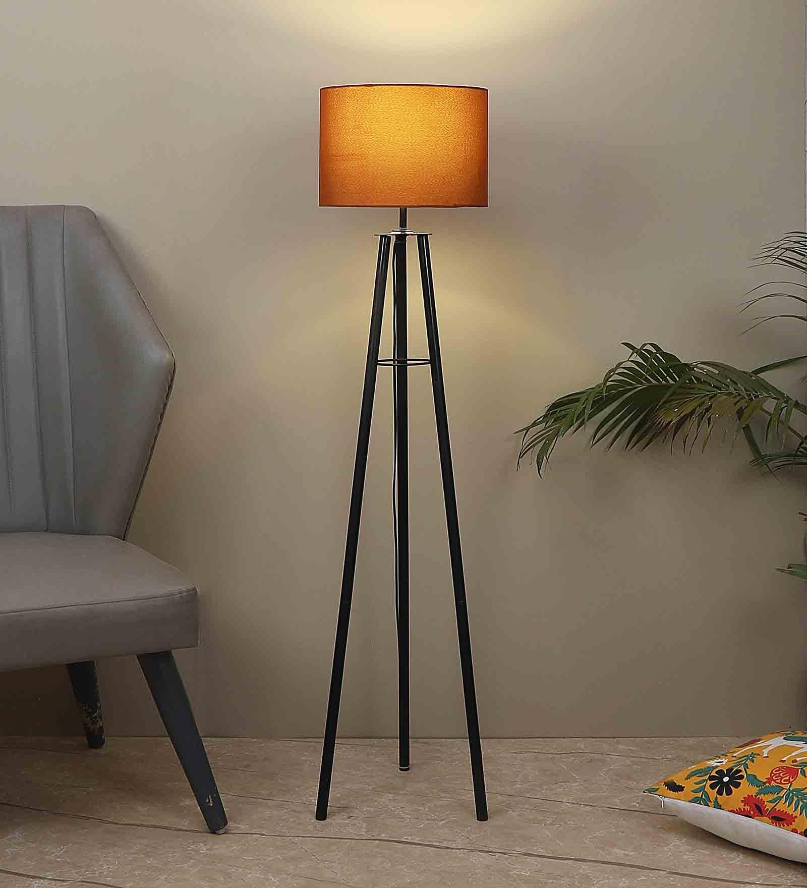 Brown Cotton Shade Tripod Floor Lamp Iron Base