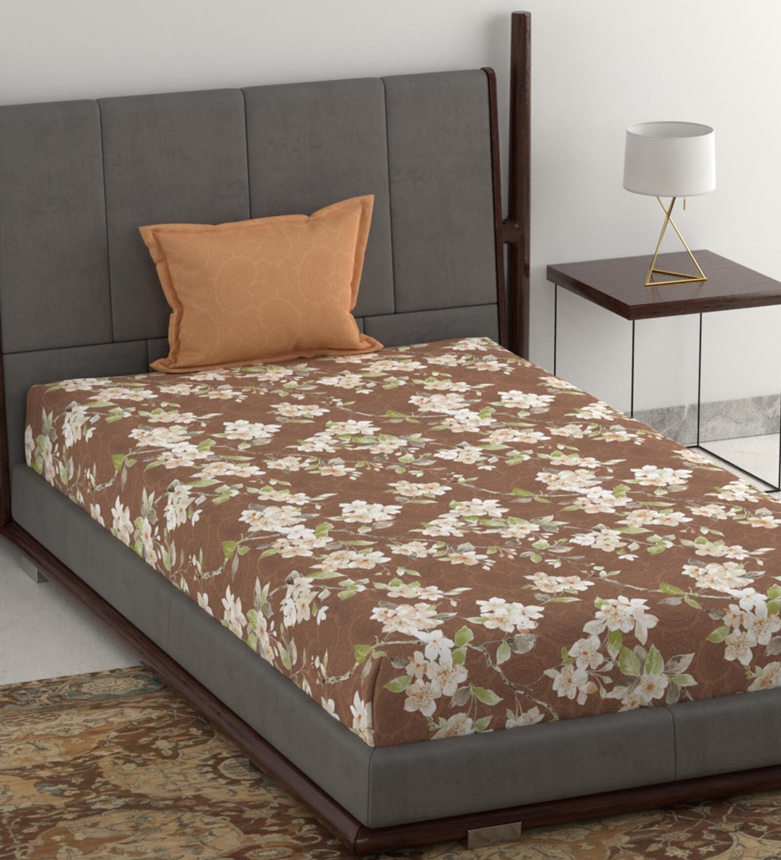 Buy Brown Floral 144 TC Cotton 1 Single Bedhseet with 1 Pillow Cover by