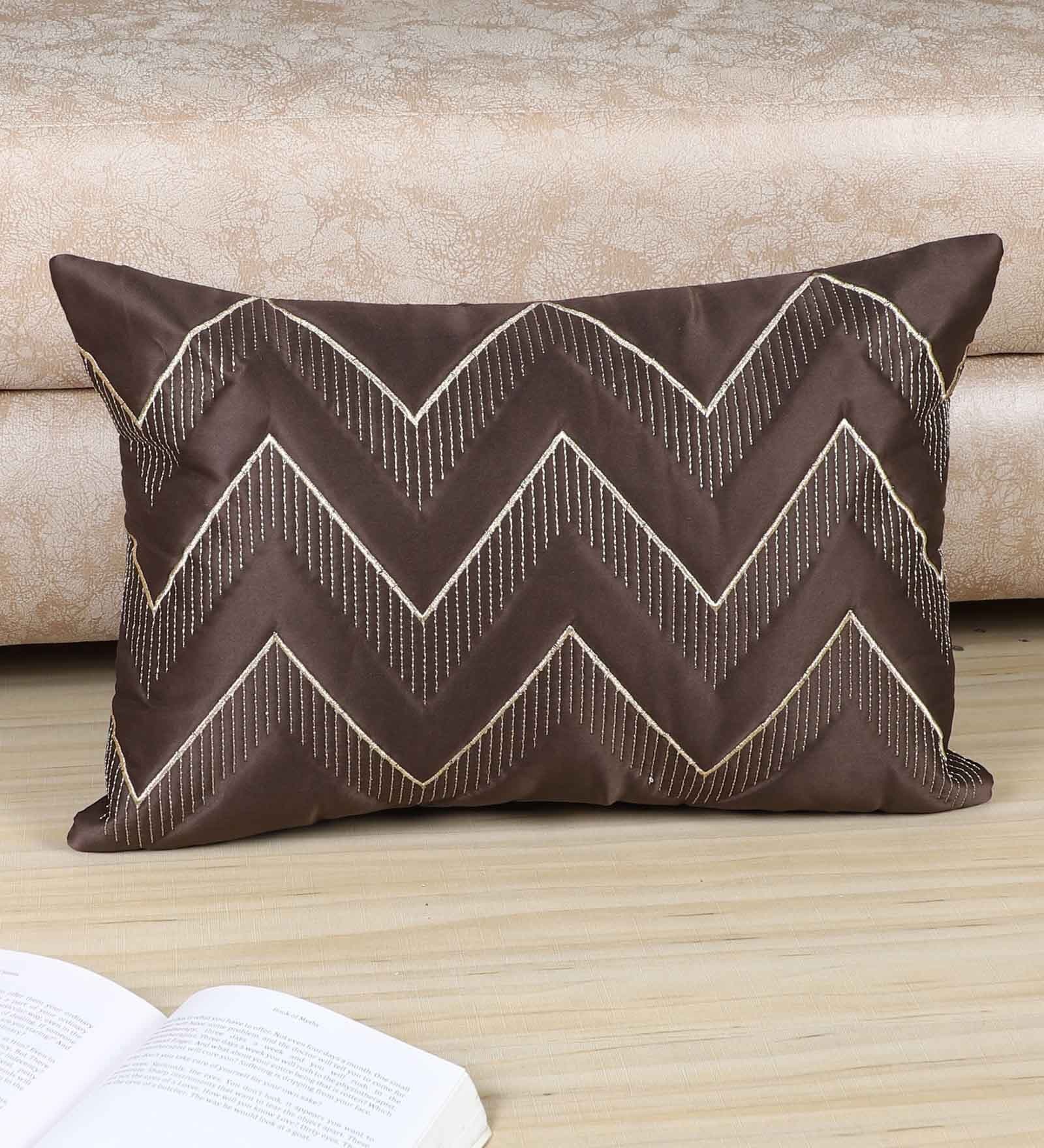 Brown Cotton Zig Zag 18x12 inches Cushion Cover (1Pc)