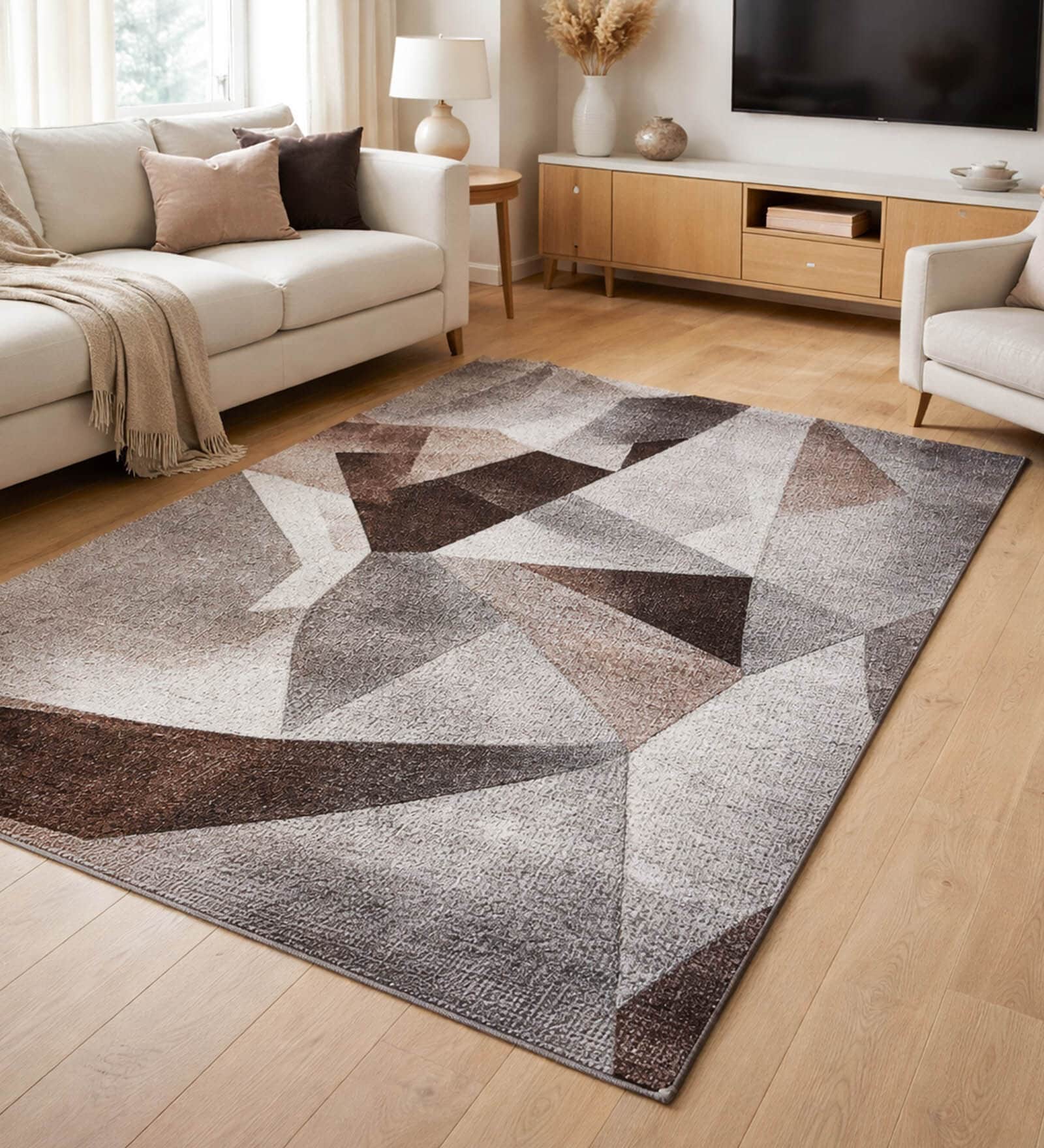 Brown Cream Abstract Polypropylene 11 ft x 8 ft Machine Made Carpet