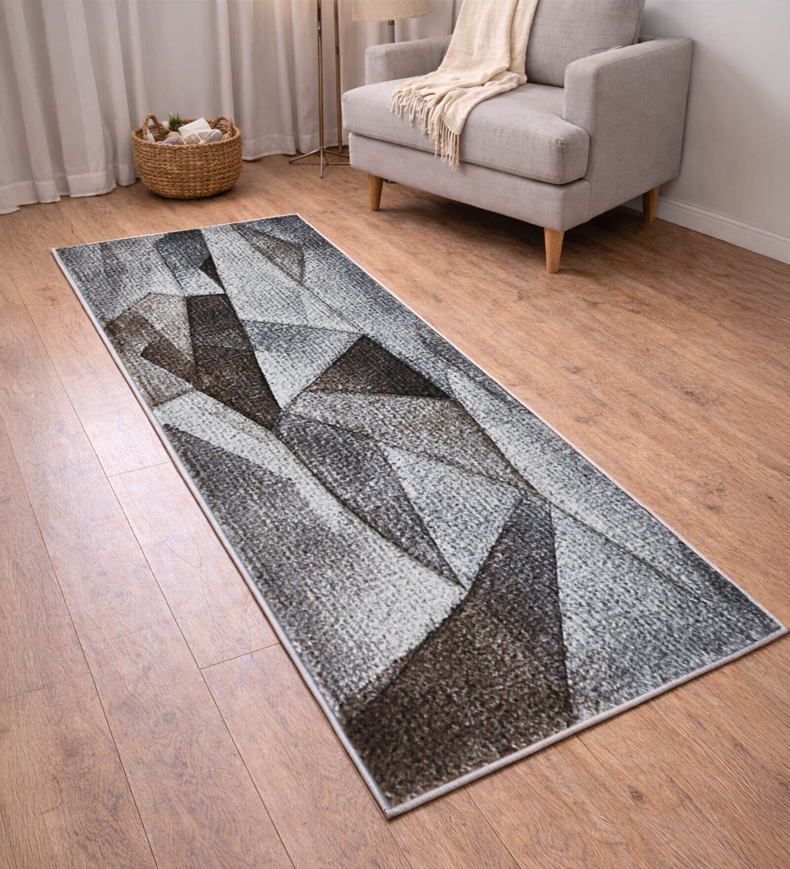 Brown Cream Abstract Polypropylene 5 ft x 2.5 ft Machine Made Runner