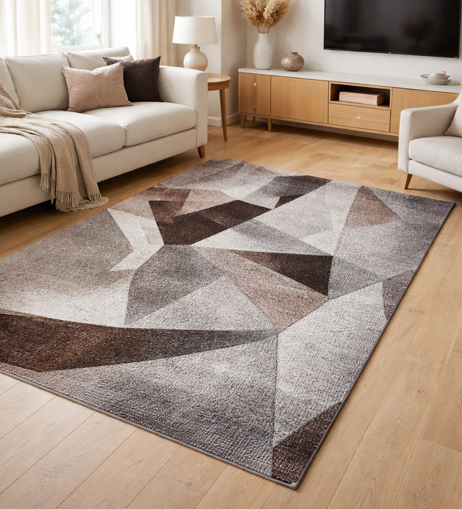 Brown Cream Abstract Polypropylene 6 ft x 4 ft Machine Made Carpet