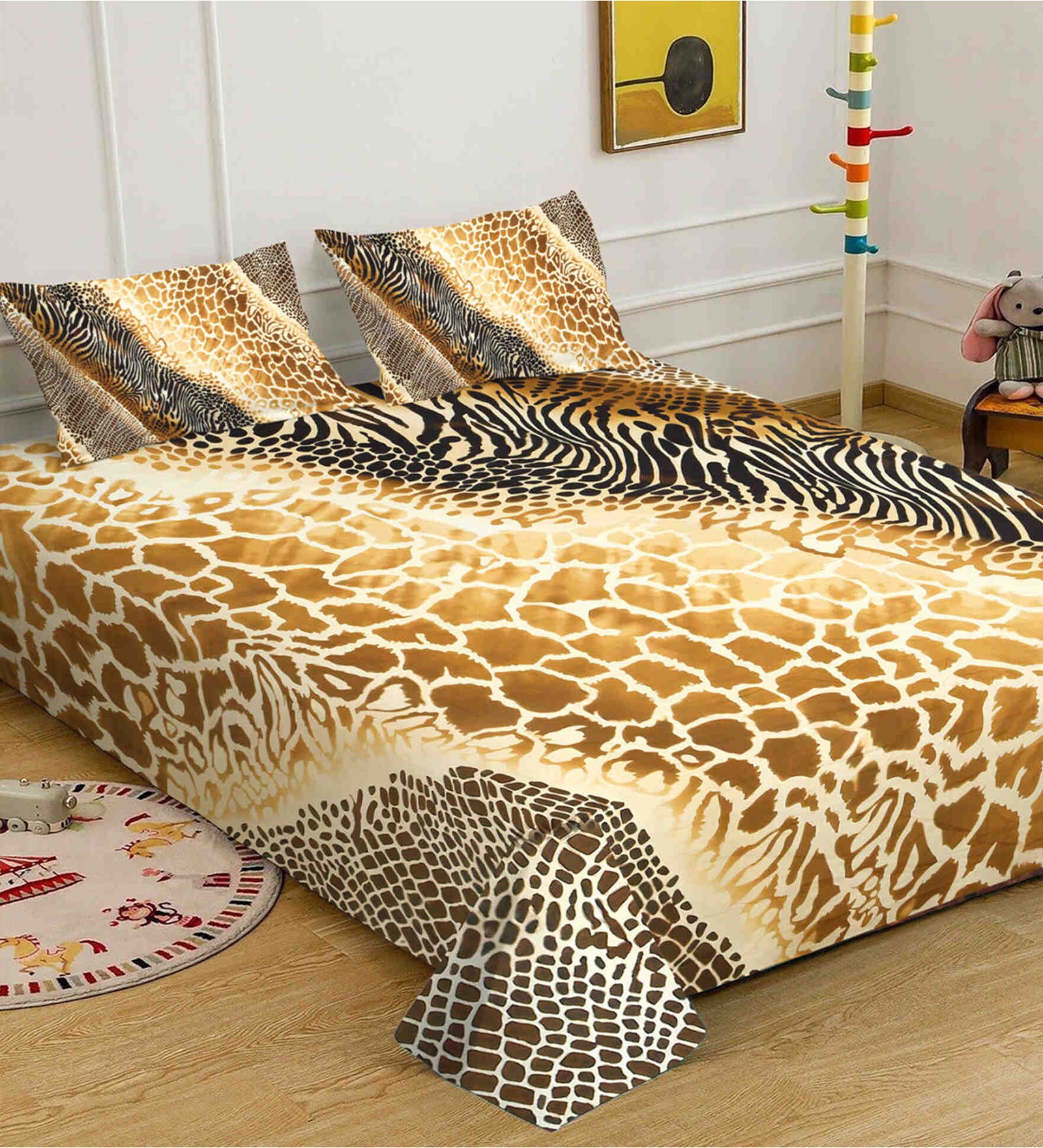 Brown Digital Geometric Printed Cotton Blend Double Bedsheet with 2 Pillow Covers