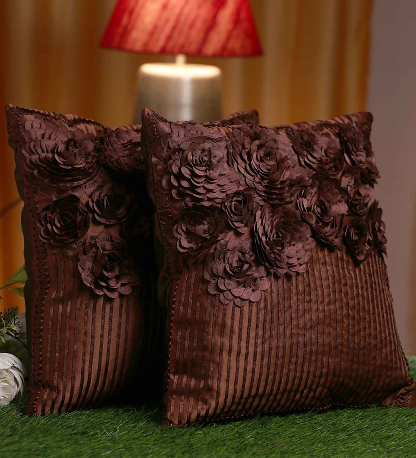 Brown Embroidered Polyester 16X16 Inches Cushion Cover (Set of 2)
