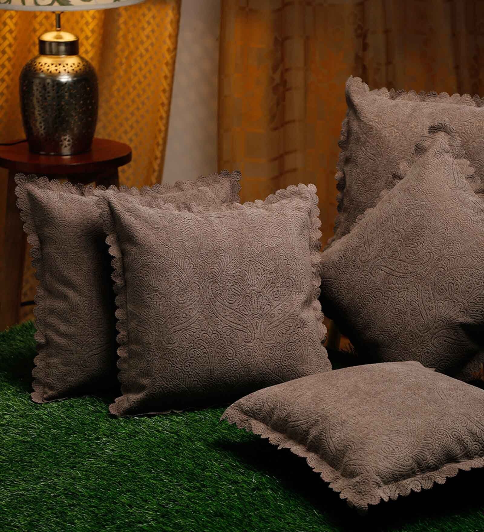 Brown Plain Solid Velvet 16 x 16 Inch Embroidered Cushion Covers (Set of 5)