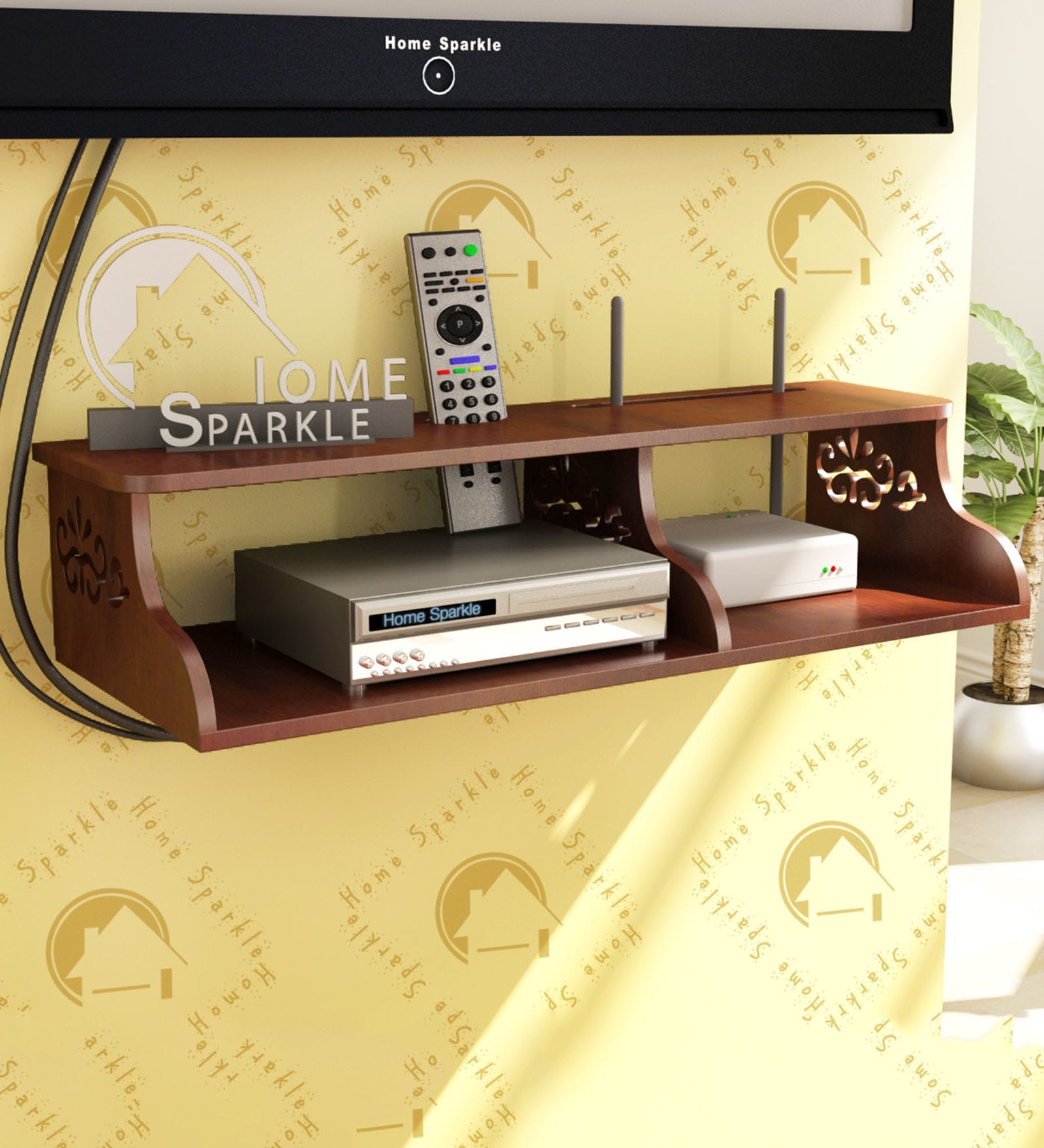 Engineered Wood Carved Wall Mounted Set Top Box Holder