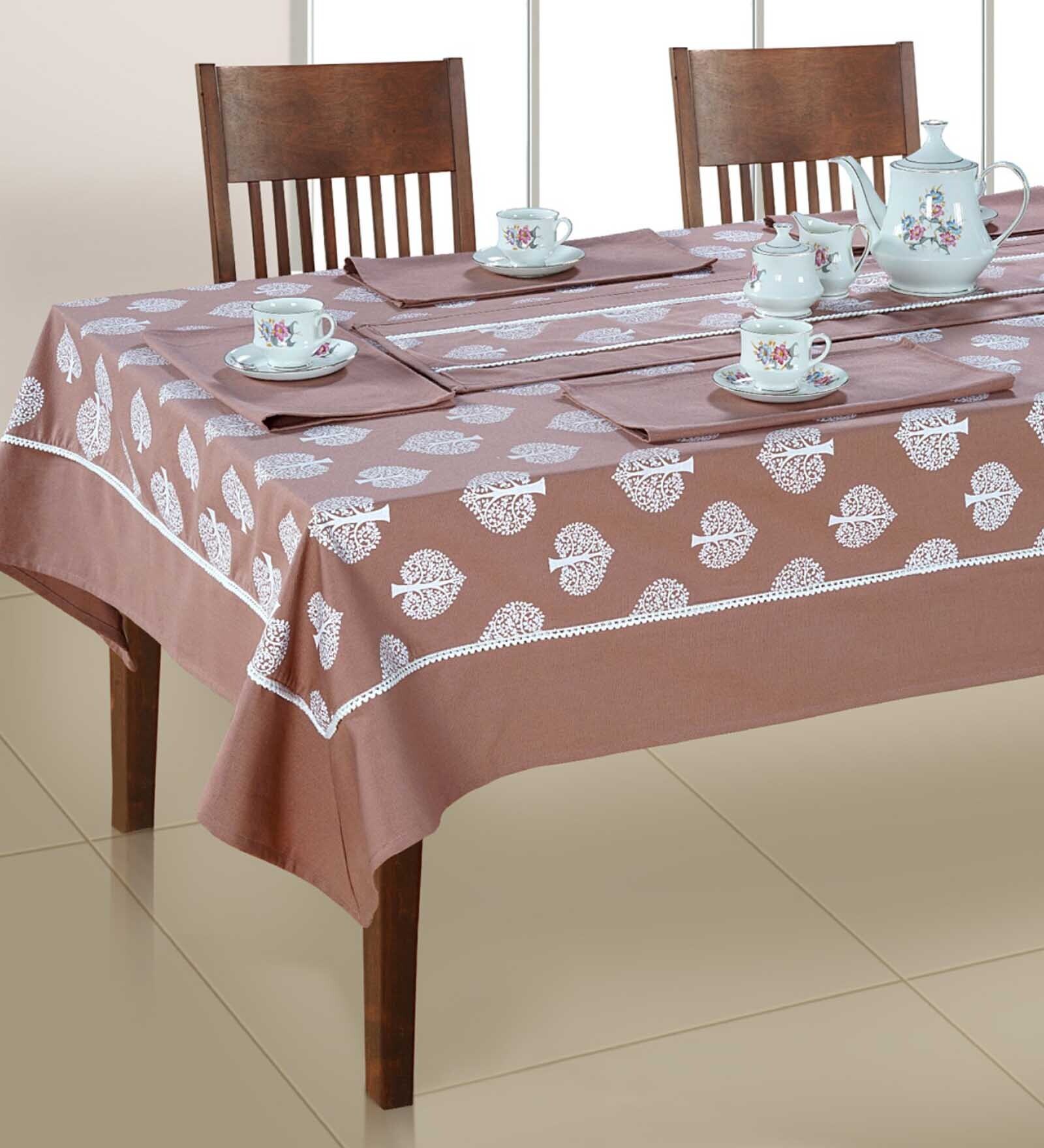 Buy Gharana (108x60) Brown & White Cotton (Set of 10) Table Linen Set ...