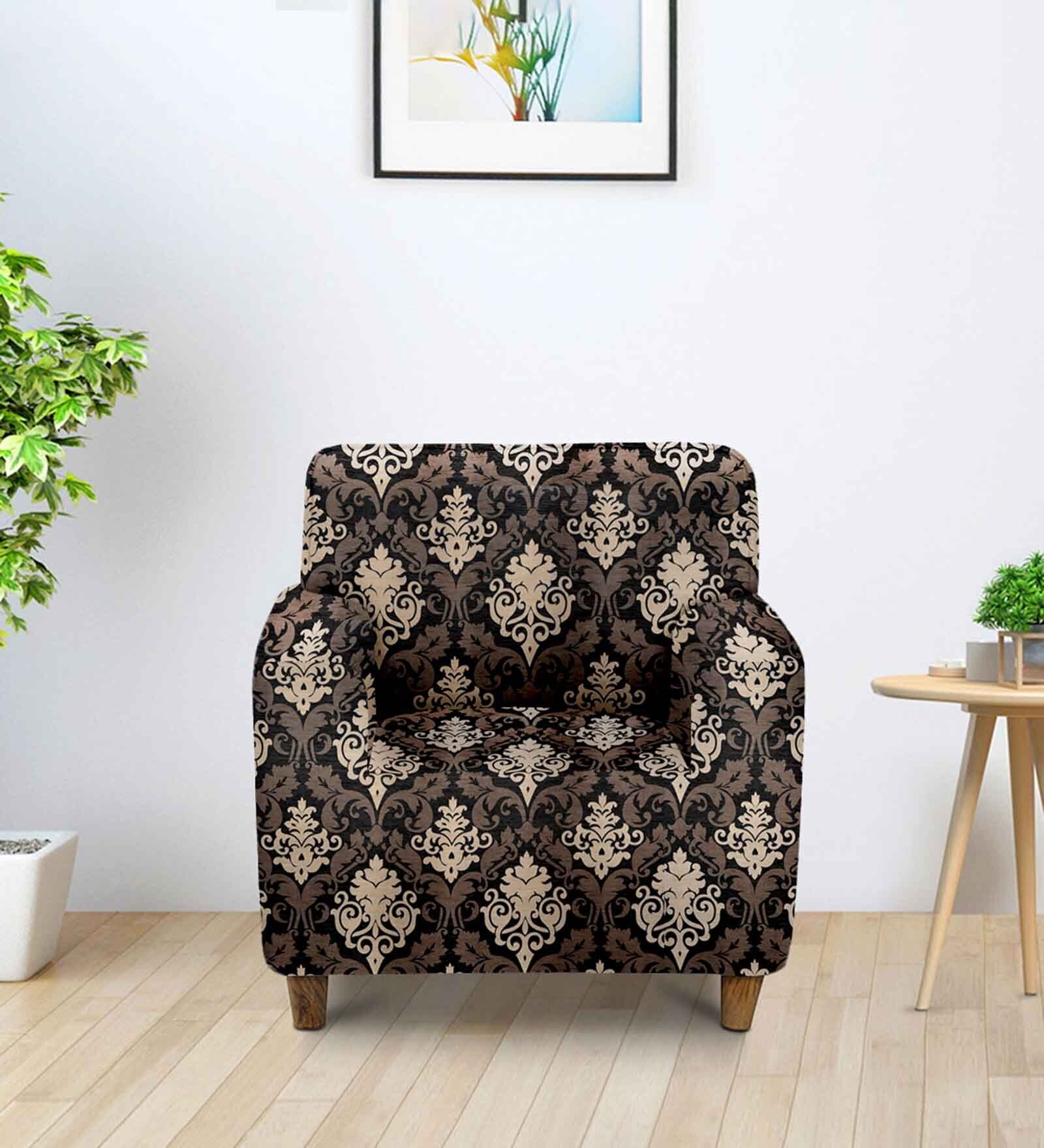 Brown Ethnic motif Polyester 1 Seater Elastic Stretchable Sofa Cover